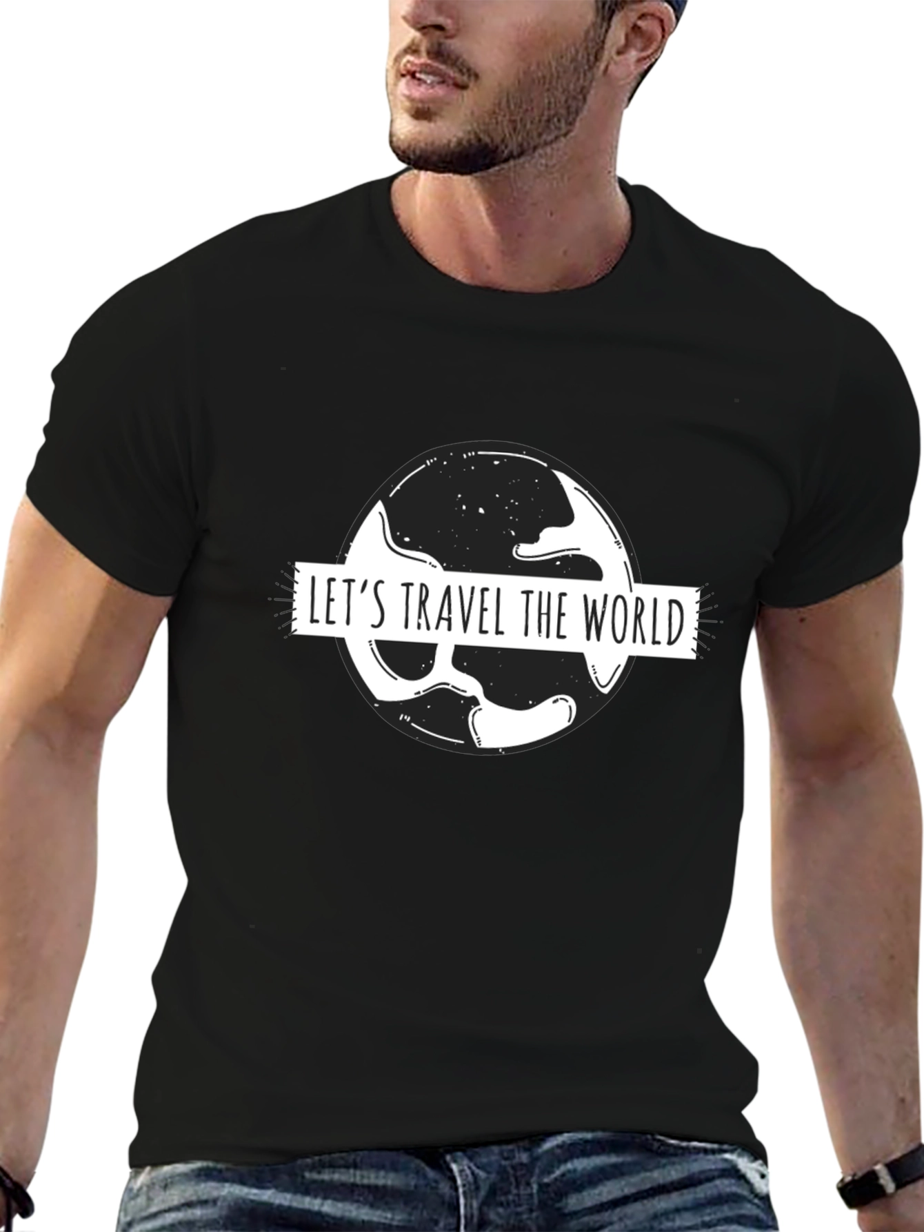 Lets Travel the World Black Graphic T-Shirt