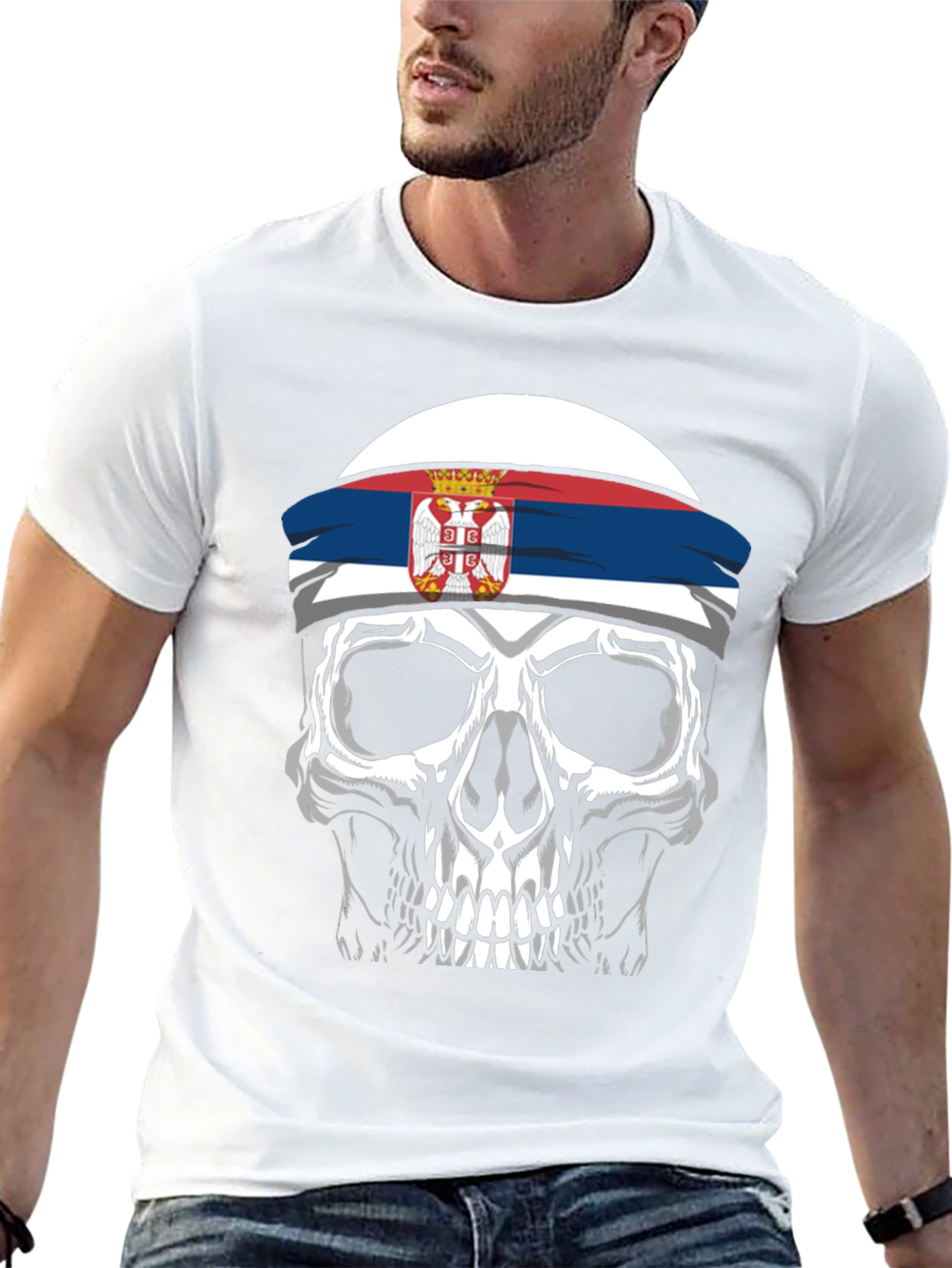 Skull with Serbian Flag Bandana T-Shirt
