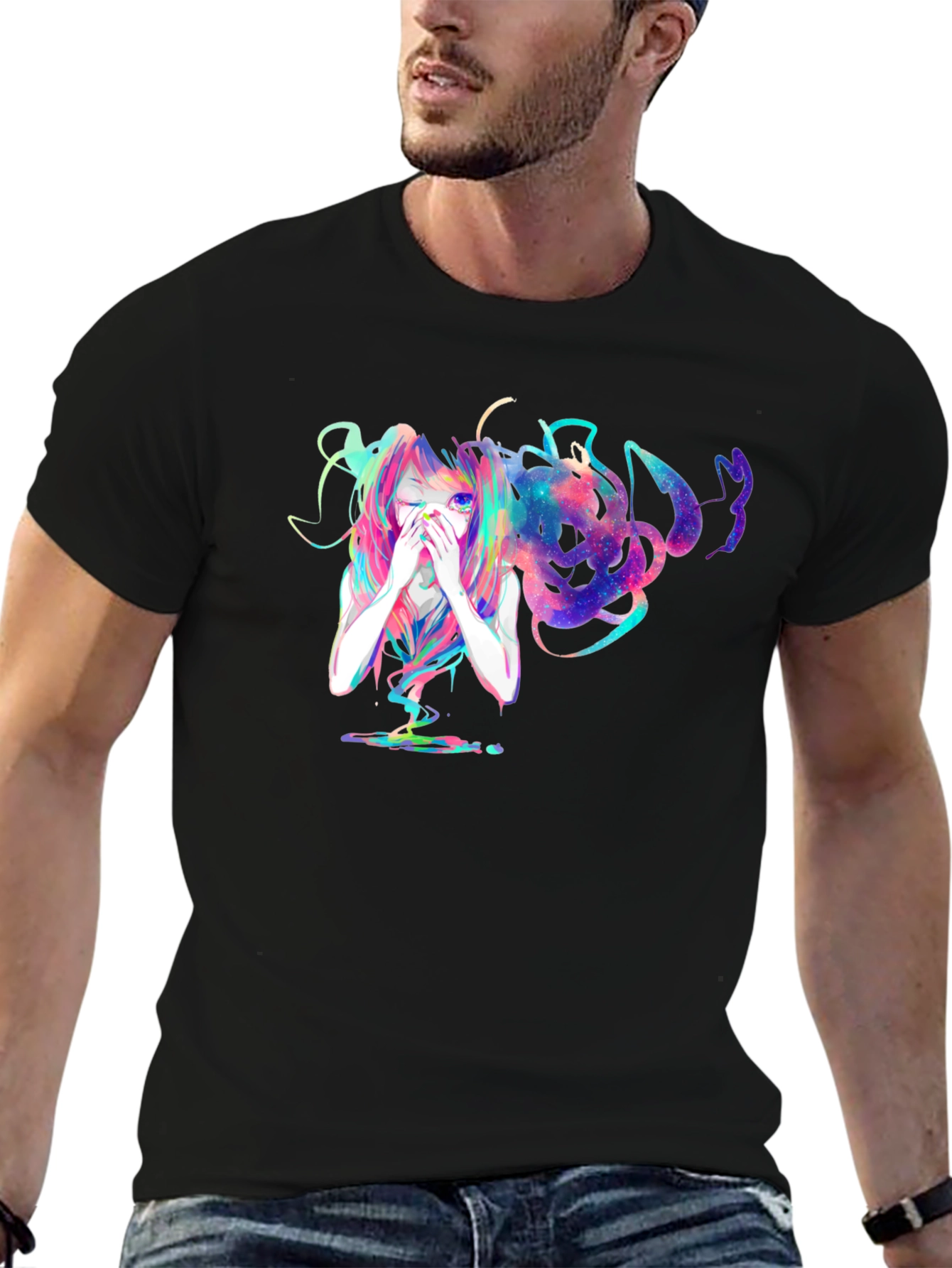Anime Galaxy Girl Black T-Shirt