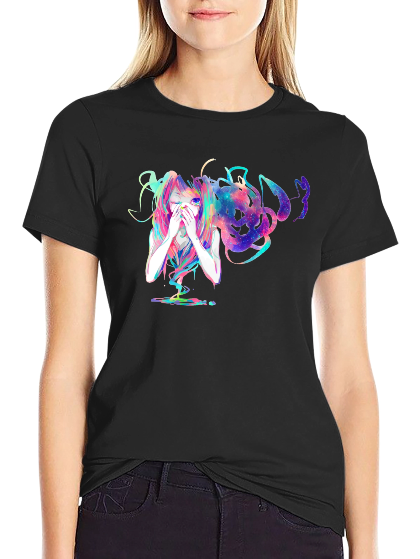 Anime Galaxy Girl Black T-Shirt