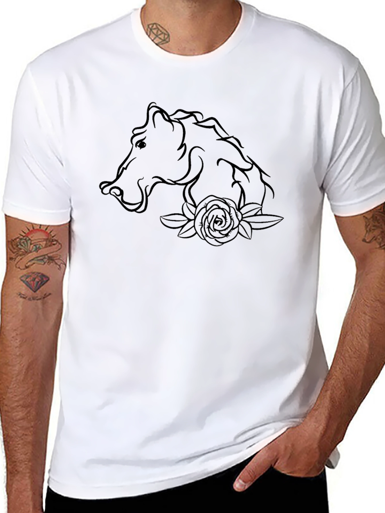 Horse and Rose Graphic T-Shirt - Black