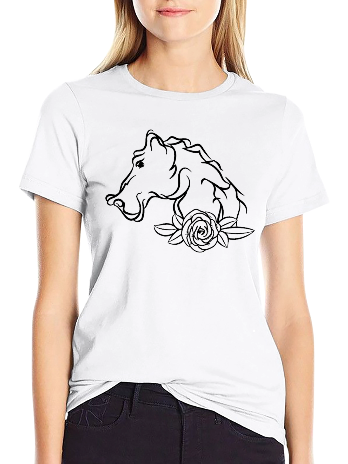 Horse and Rose Graphic T-Shirt - Black
