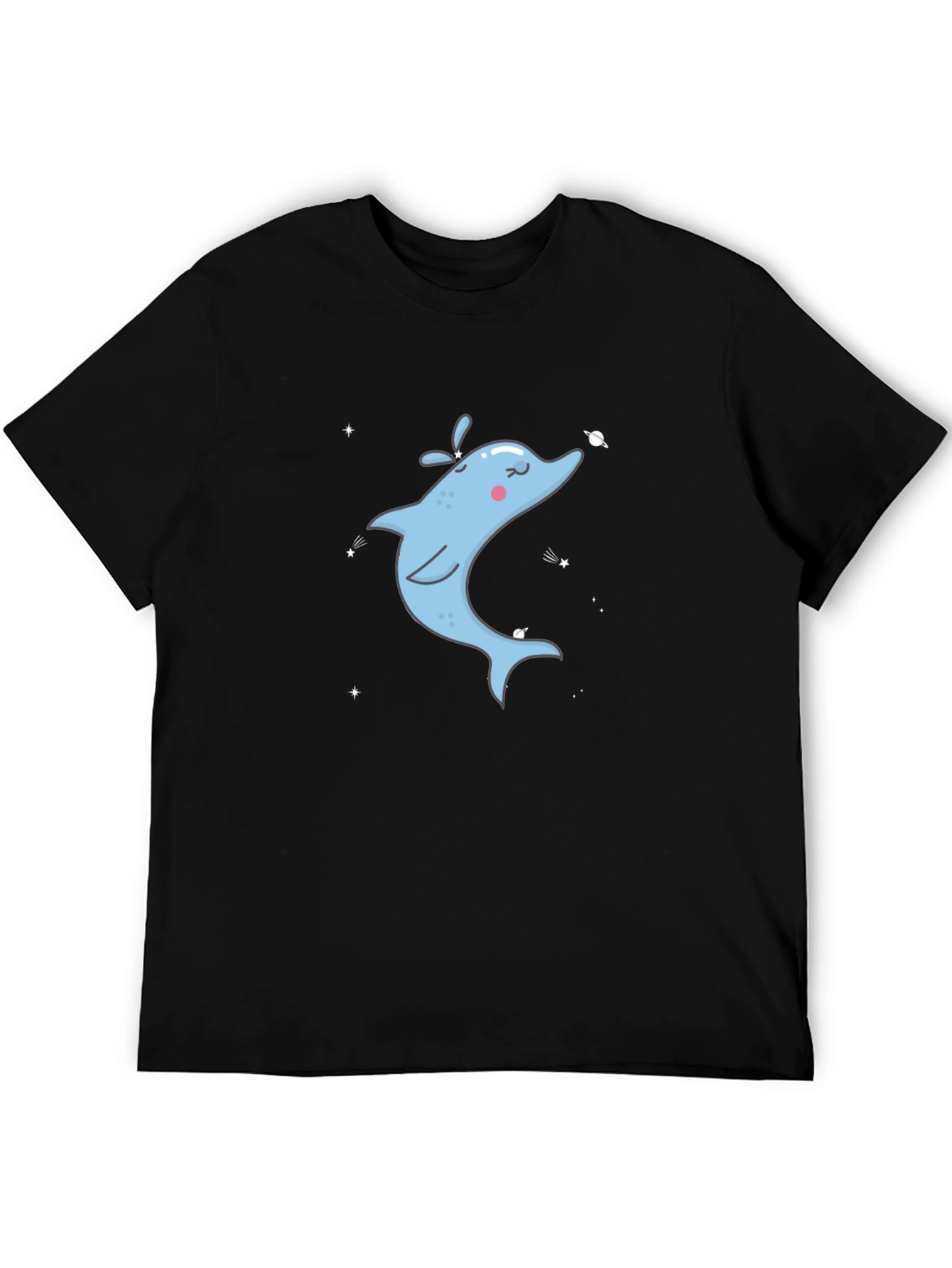 Cartoon Dolphin Graphic Tee - Black Cotton T-Shirt
