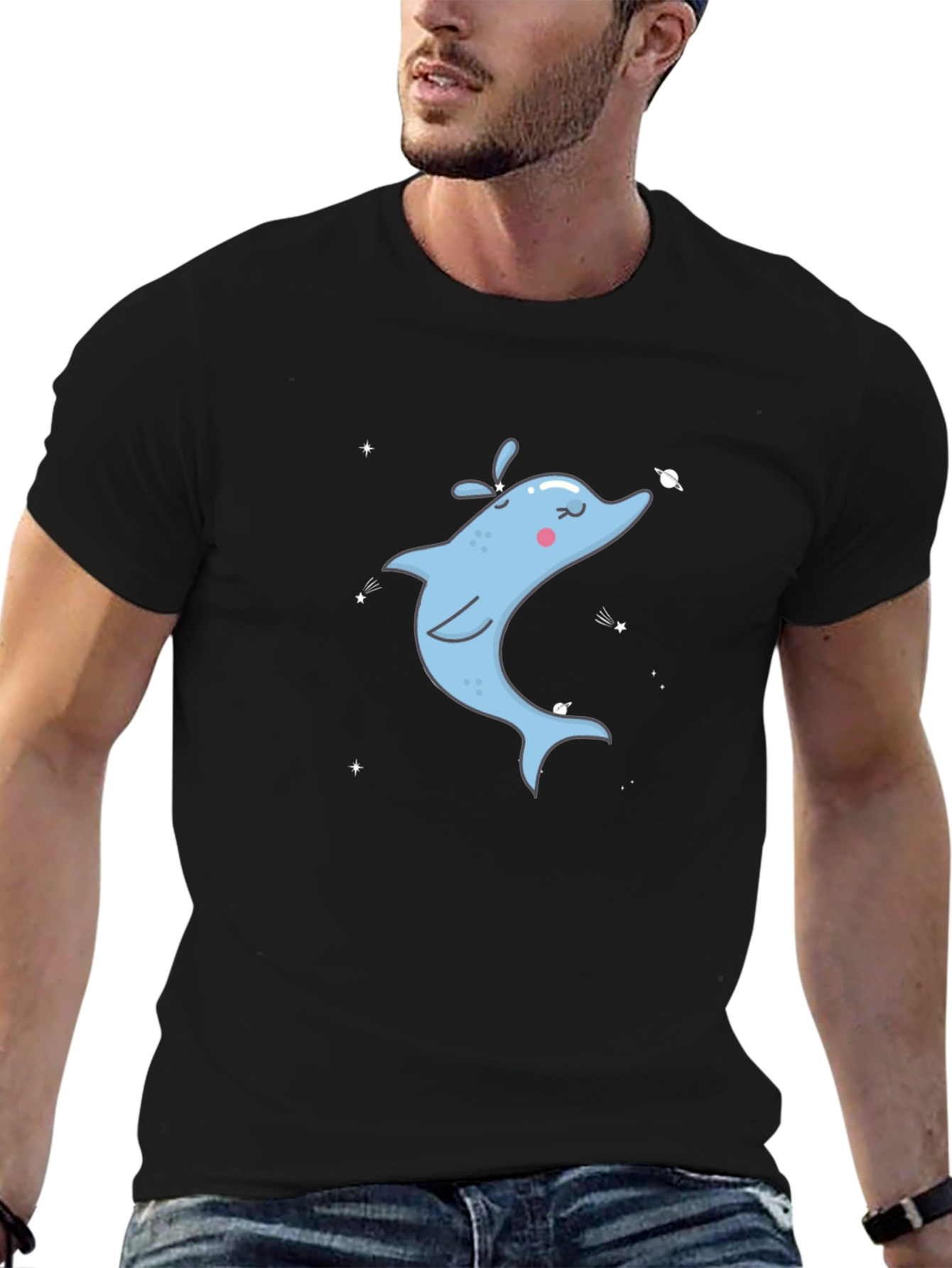 Cartoon Dolphin Graphic Tee - Black Cotton T-Shirt