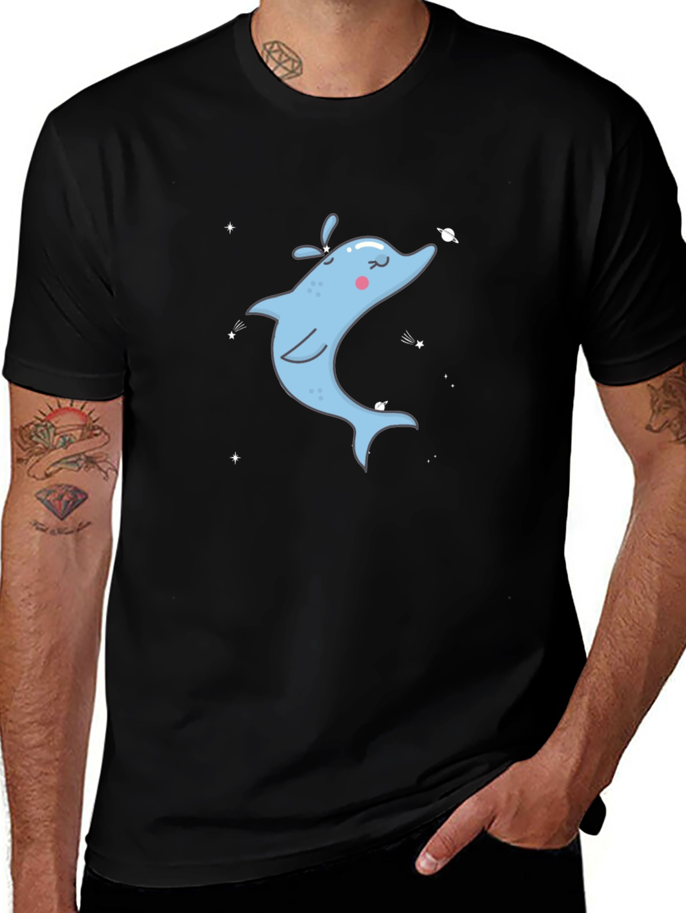 Cartoon Dolphin Graphic Tee - Black Cotton T-Shirt