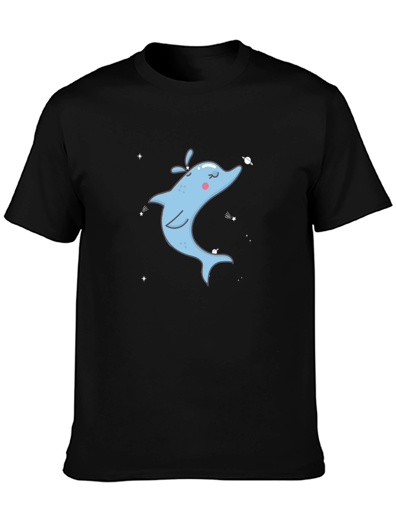 Cartoon Dolphin Graphic Tee - Black Cotton T-Shirt