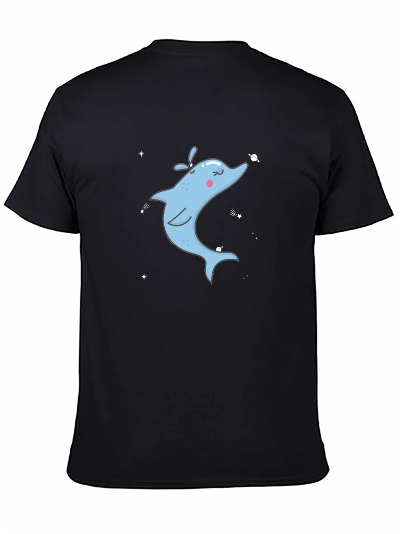Cartoon Dolphin Graphic Tee - Black Cotton T-Shirt