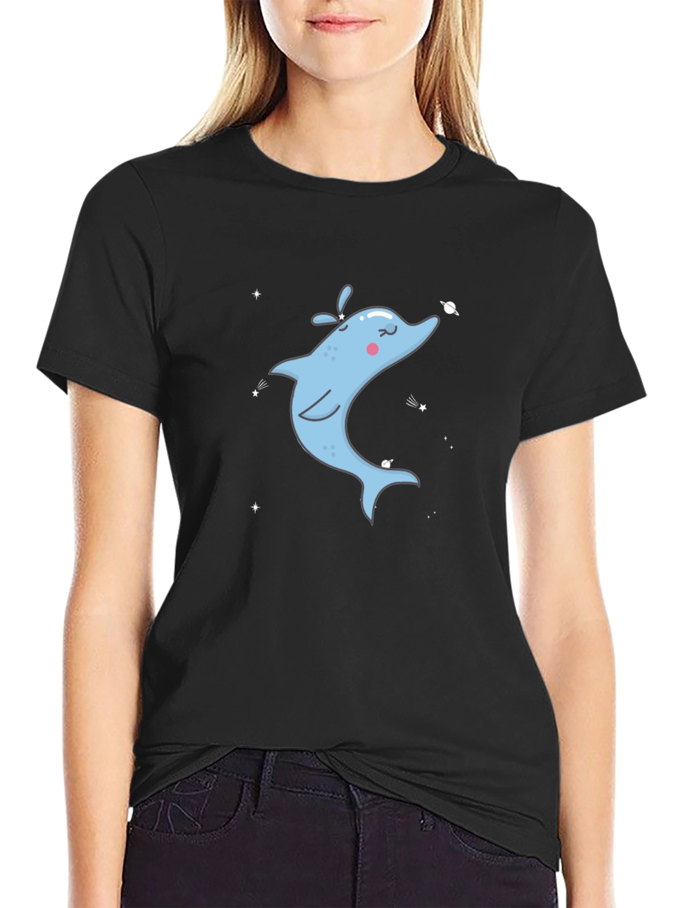 Cartoon Dolphin Graphic Tee - Black Cotton T-Shirt