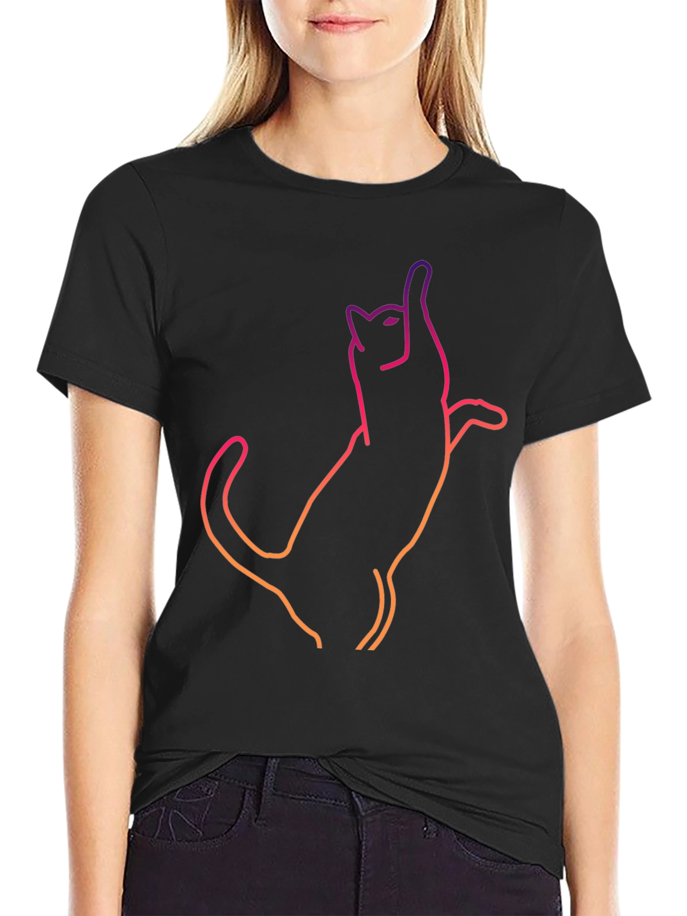 Cool Cat Outline Graphic Tee - Black Cotton