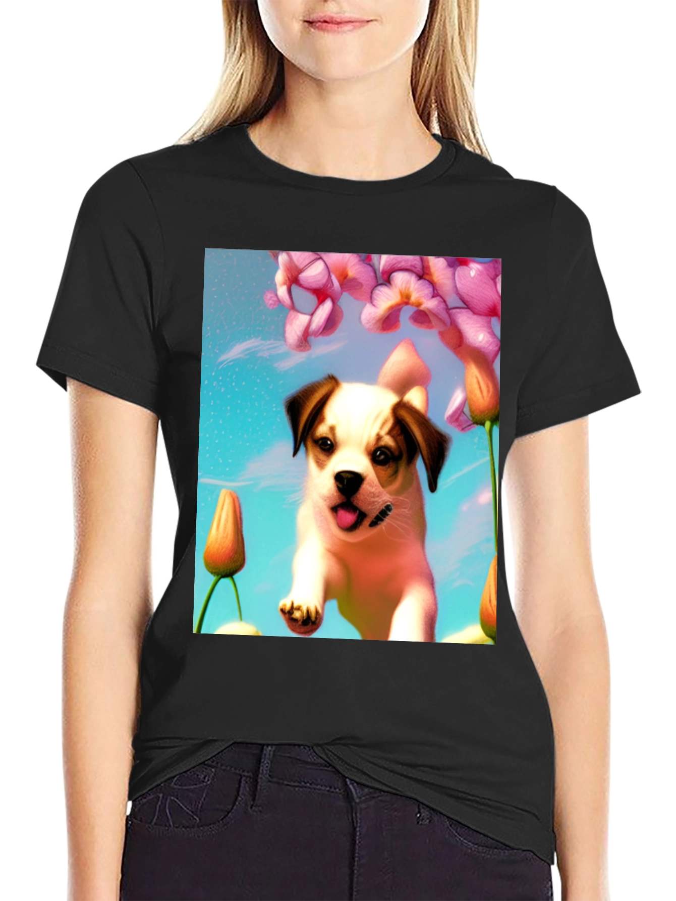 Dog & Flower Graphic T-Shirt