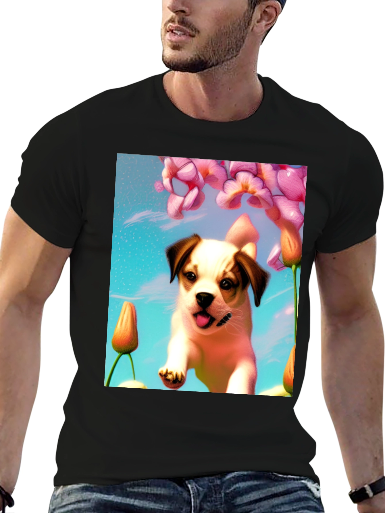 Dog & Flower Graphic T-Shirt