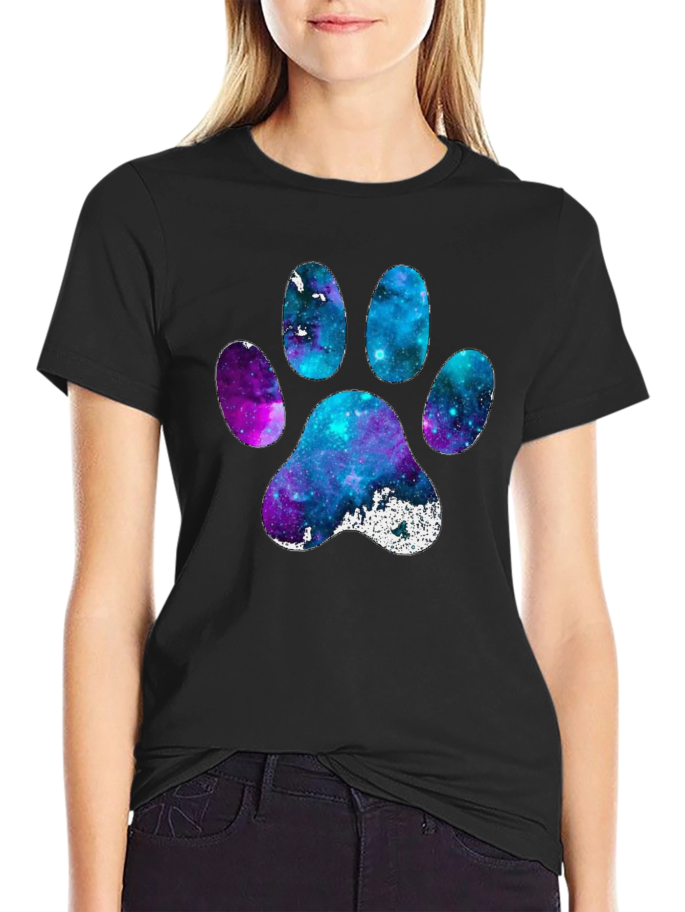 Galaxy Paw Print Graphic Tee - Casual Black T-Shirt