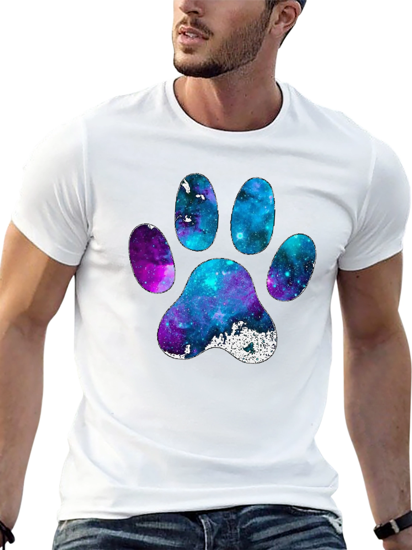 Galaxy Paw Print Graphic Tee - Casual Black T-Shirt