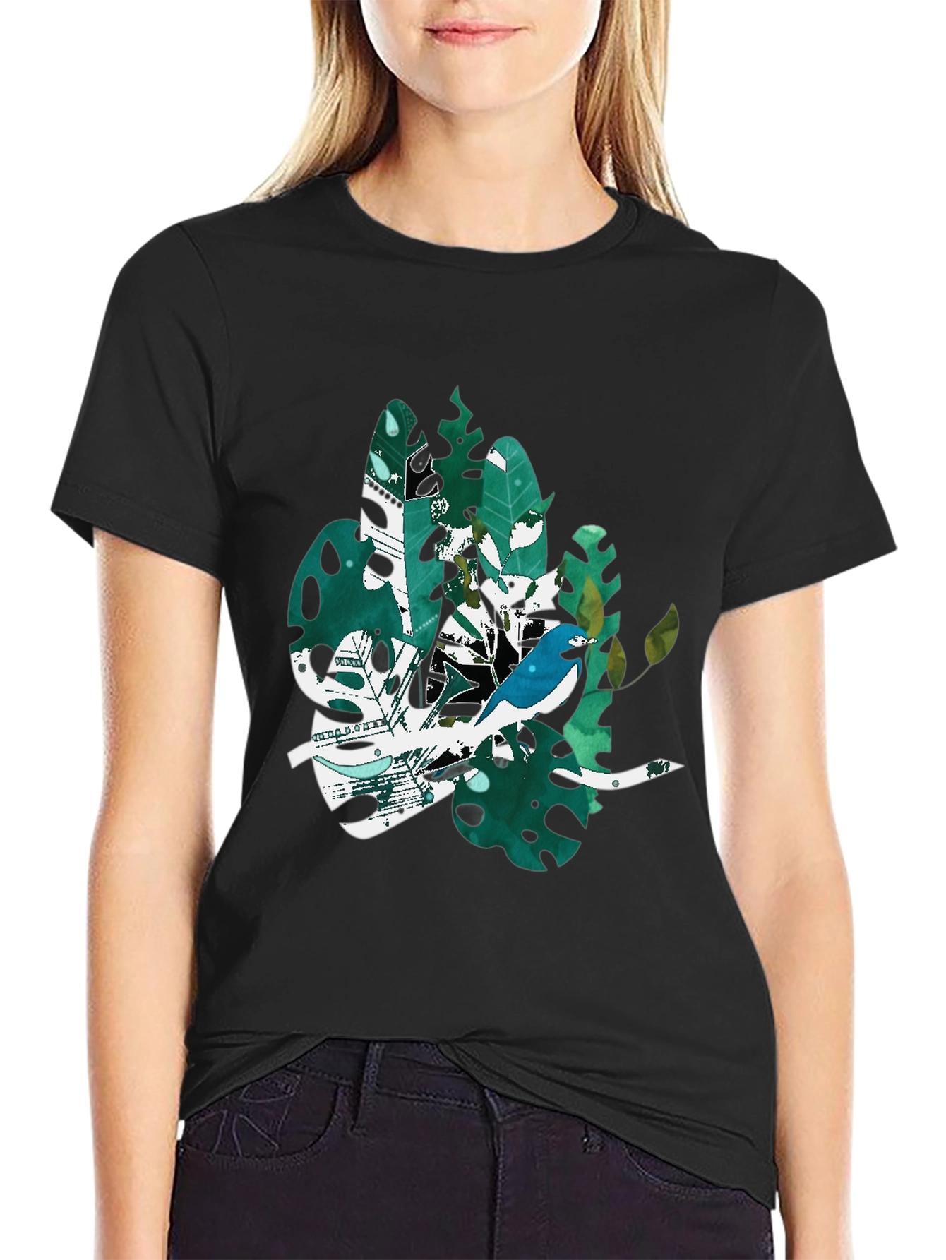 Bird & Tropical Leaf Graphic Black T-Shirt