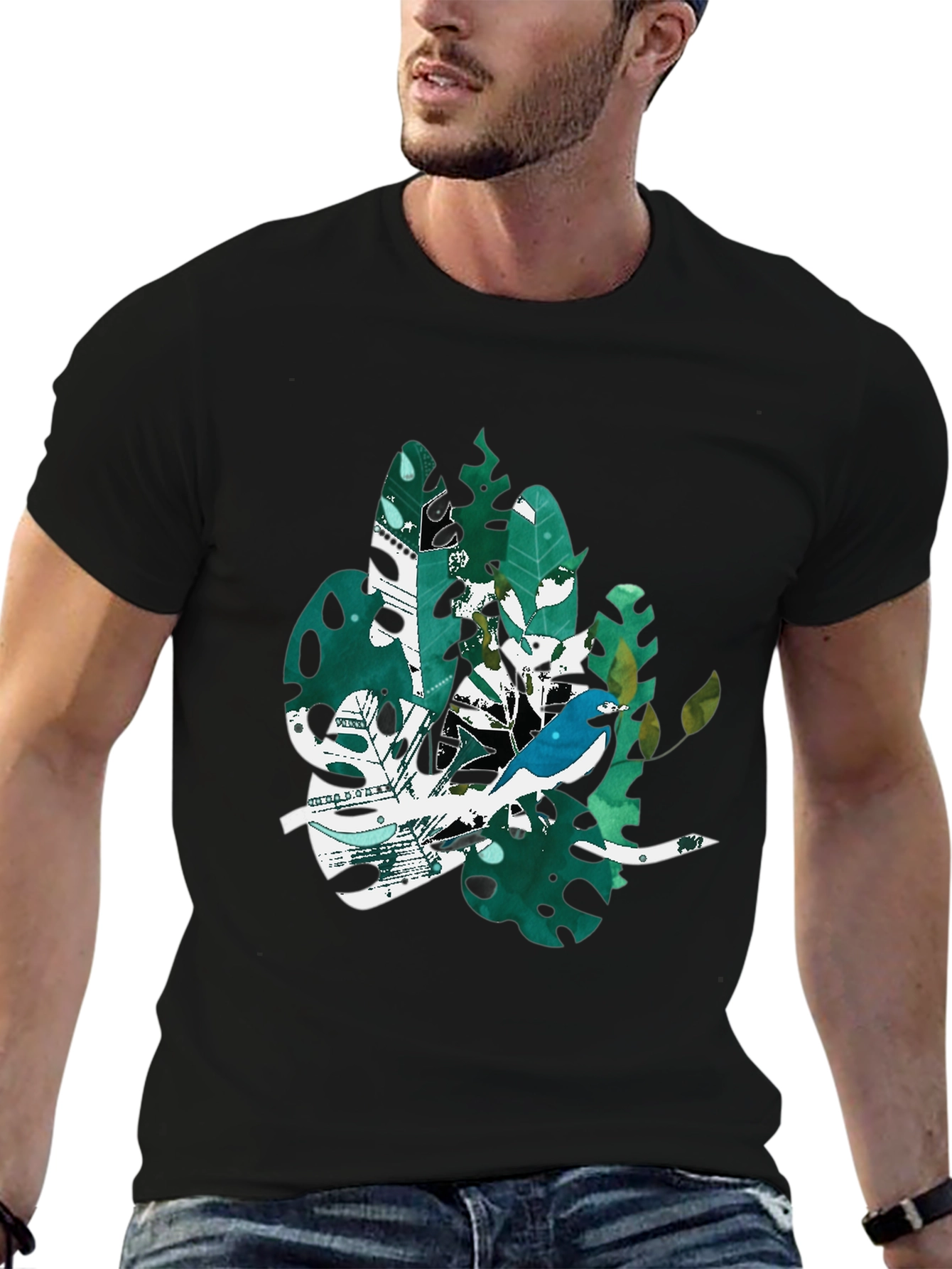Bird & Tropical Leaf Graphic Black T-Shirt