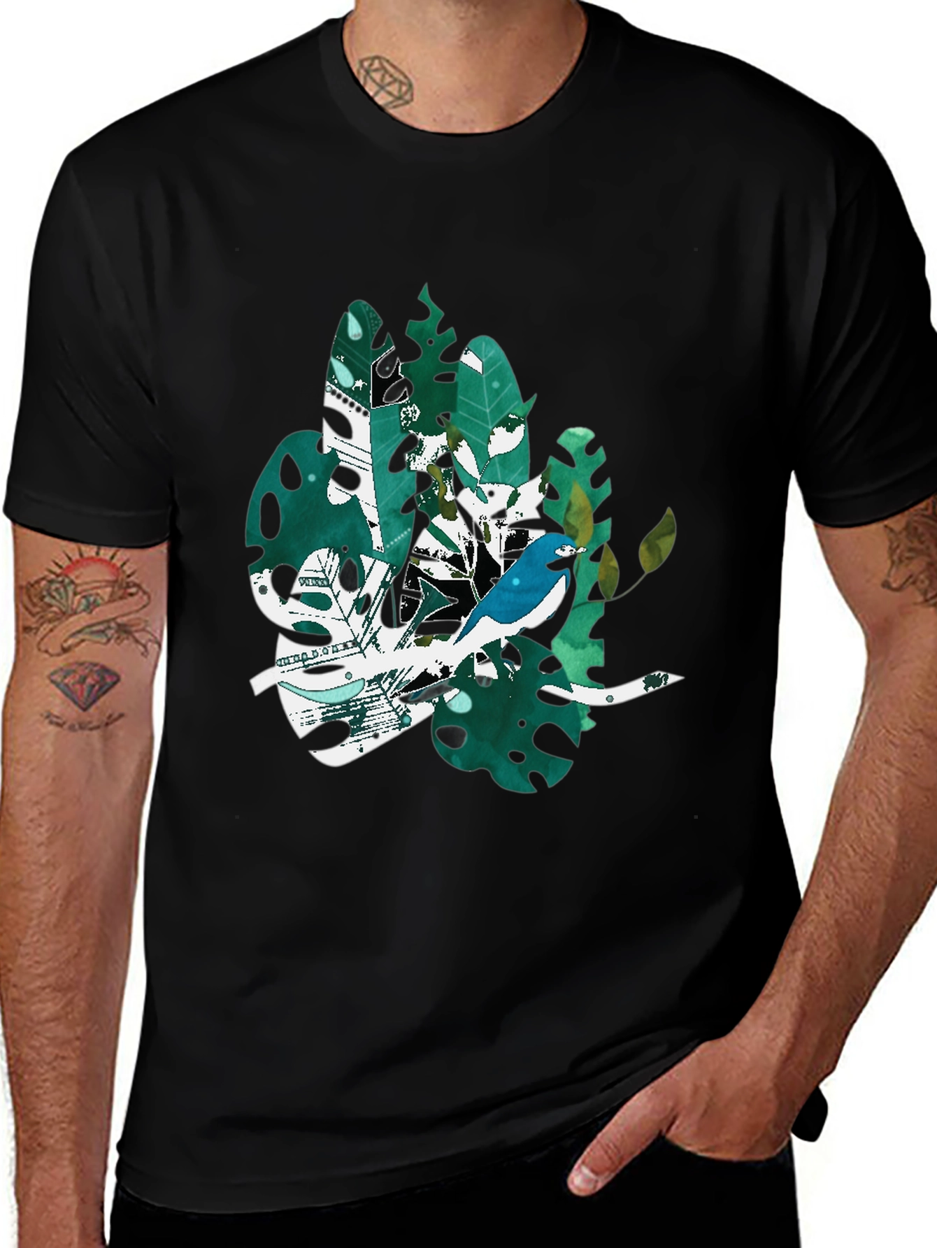 Bird & Tropical Leaf Graphic Black T-Shirt
