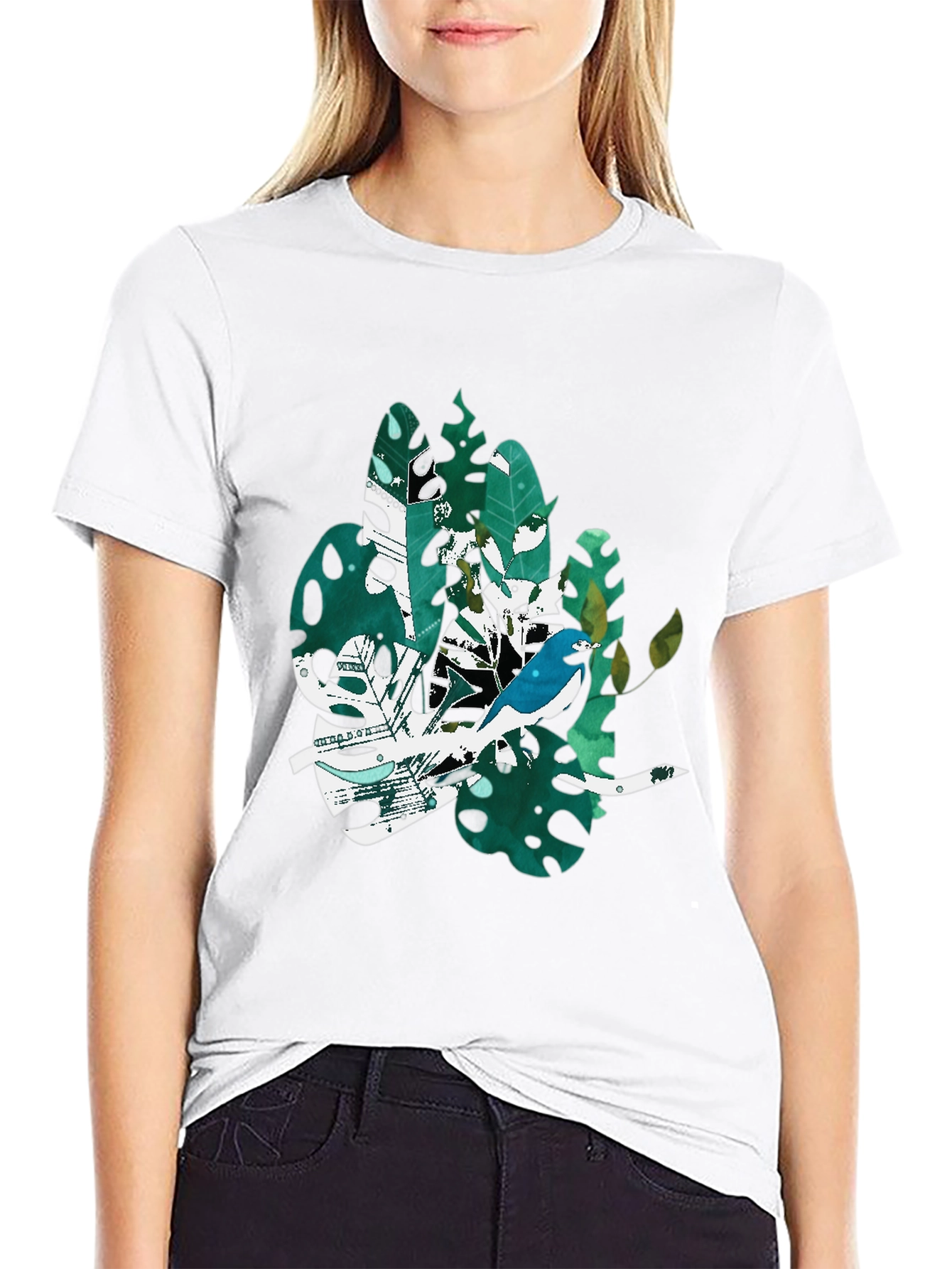Bird & Tropical Leaf Graphic Black T-Shirt