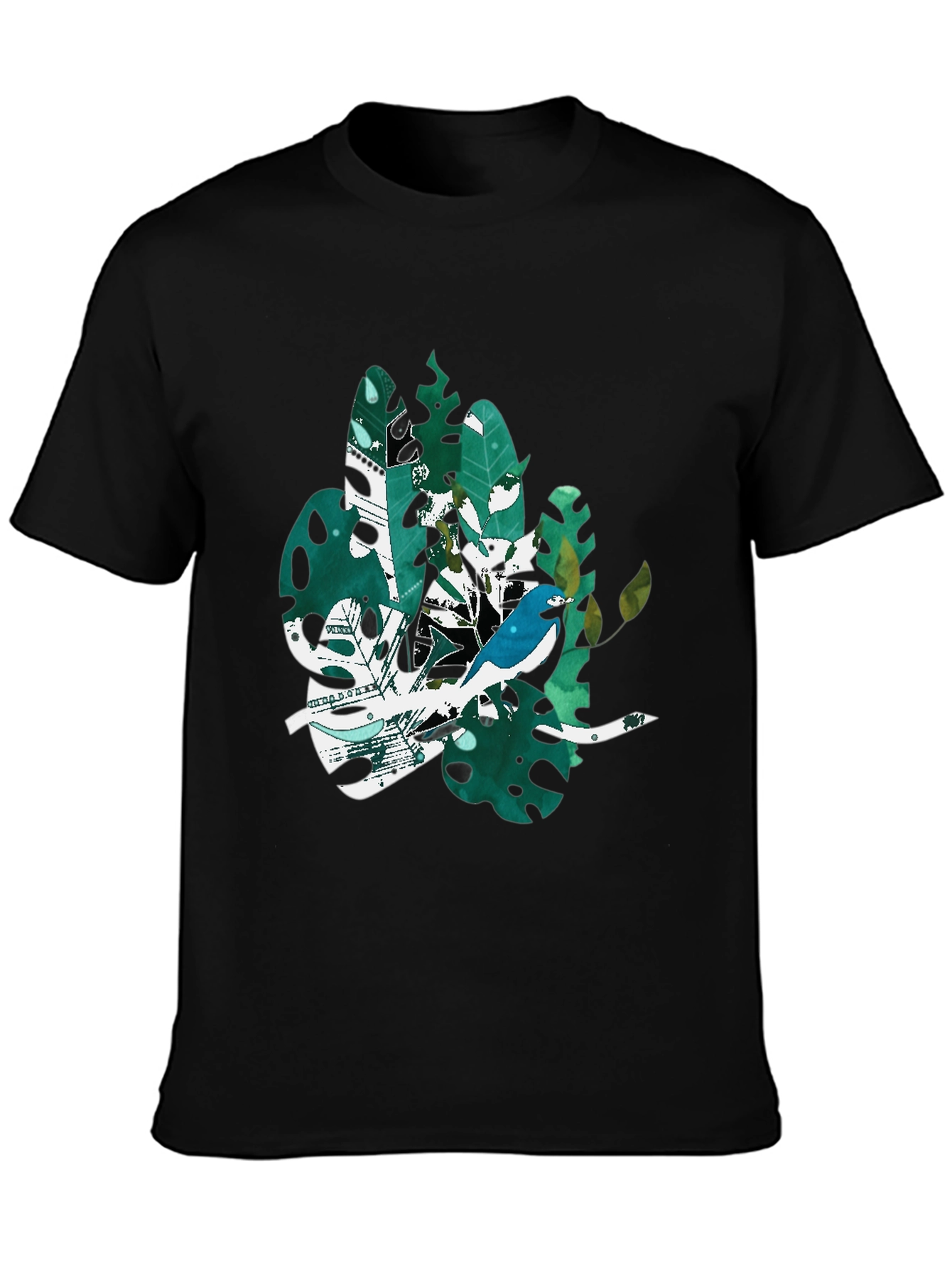 Bird & Tropical Leaf Graphic Black T-Shirt