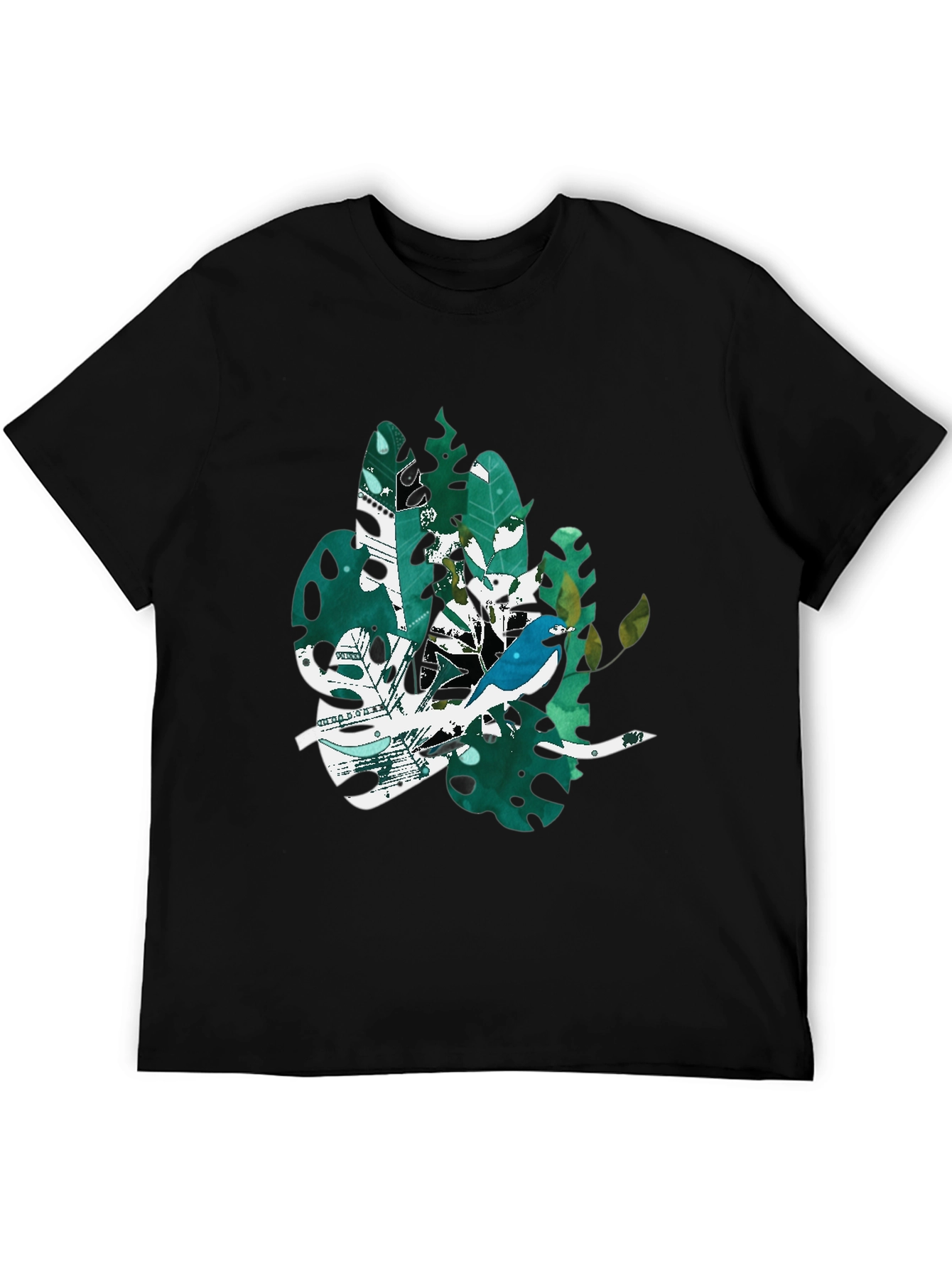 Bird & Tropical Leaf Graphic Black T-Shirt