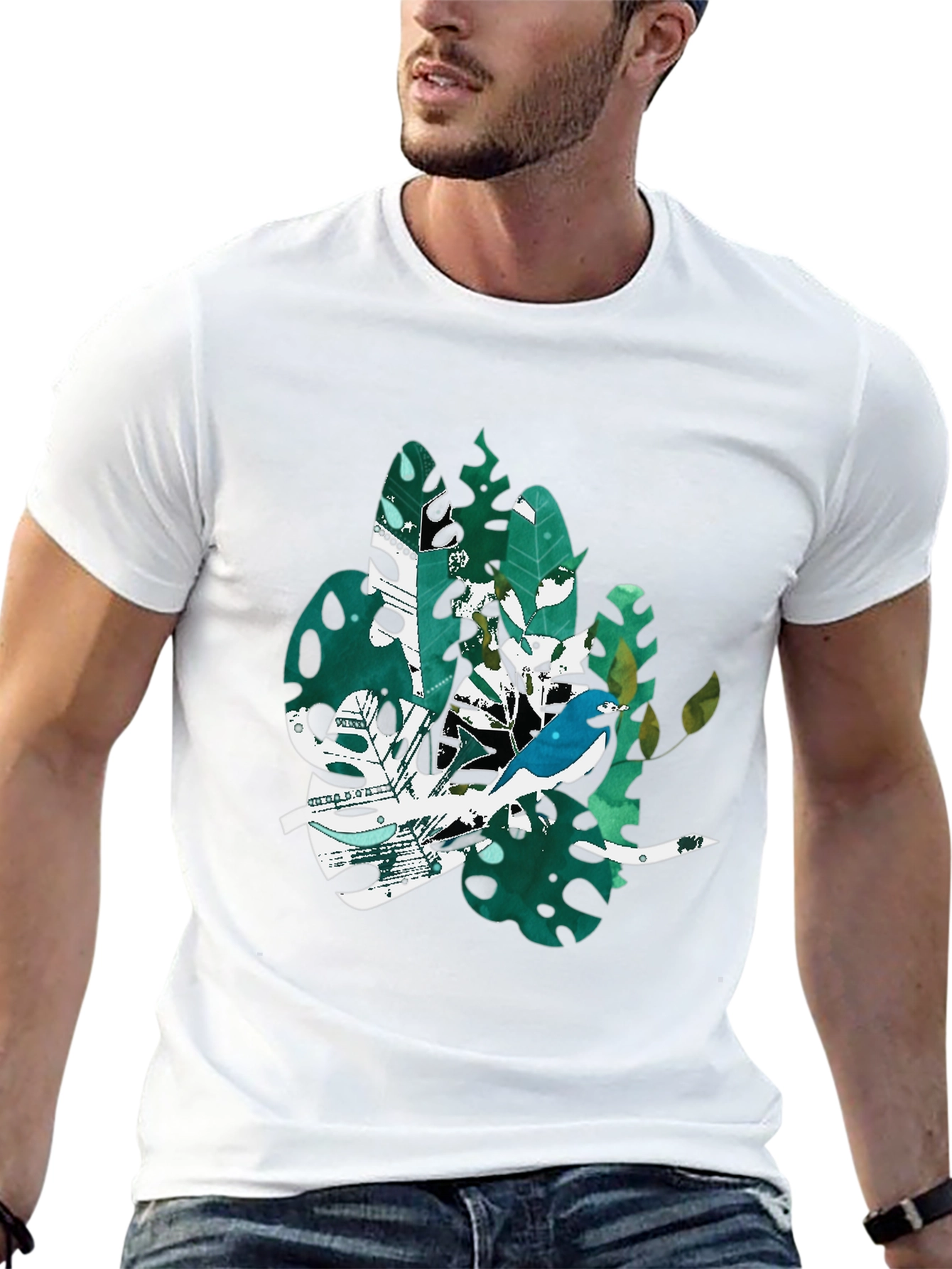 Bird & Tropical Leaf Graphic Black T-Shirt