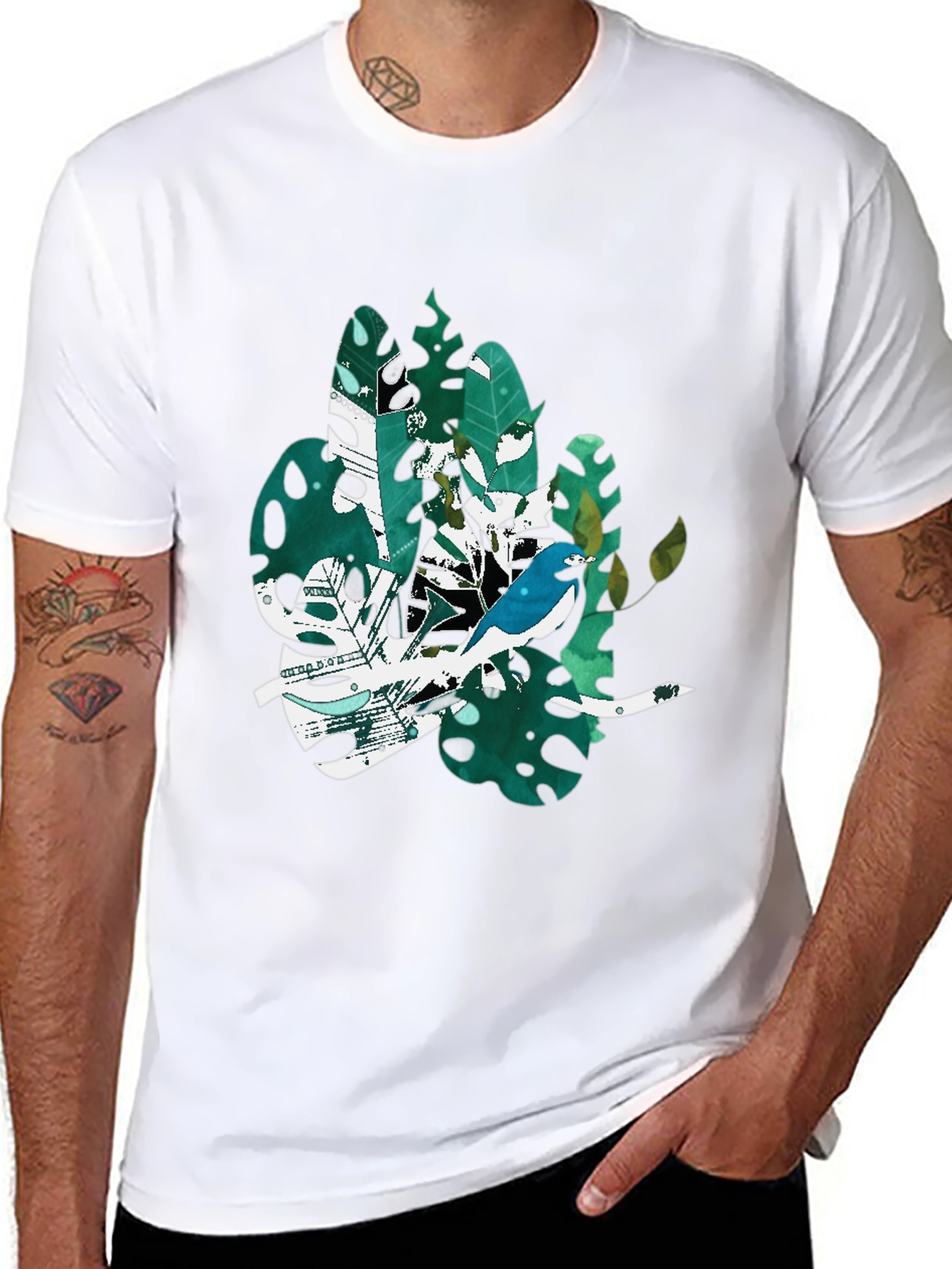 Bird & Tropical Leaf Graphic Black T-Shirt