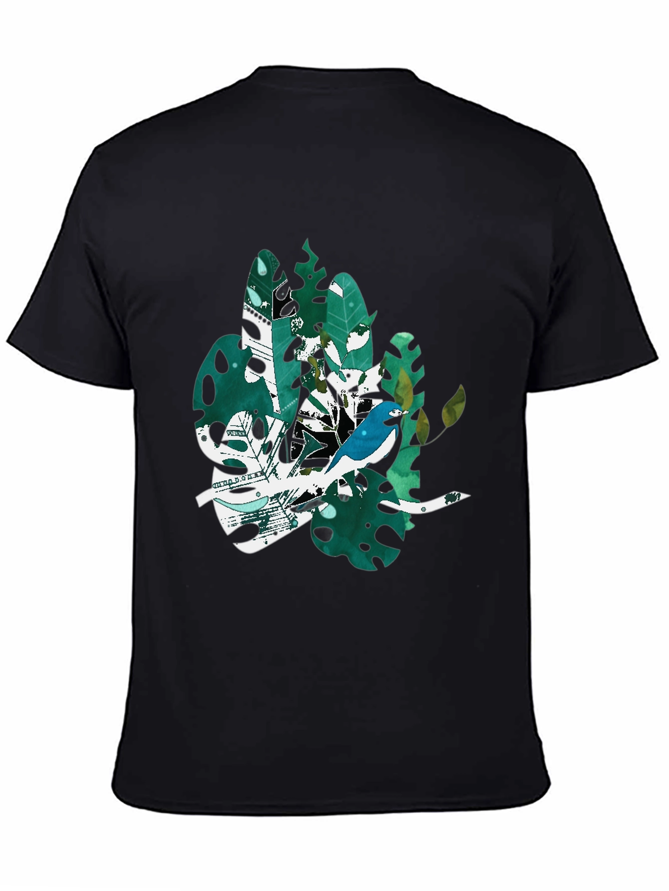Bird & Tropical Leaf Graphic Black T-Shirt