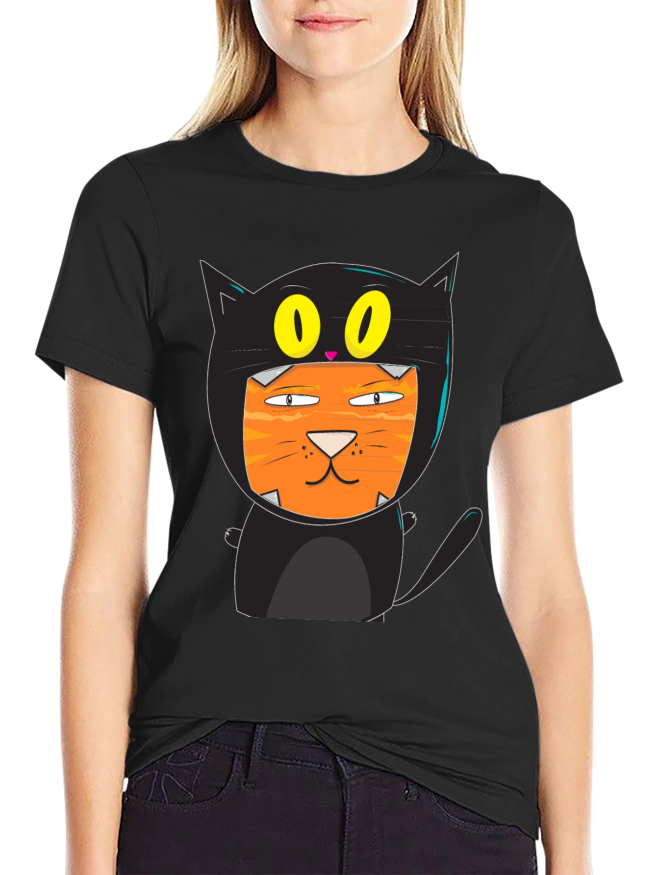 Funny Cat Costume T-Shirt Black Cotton