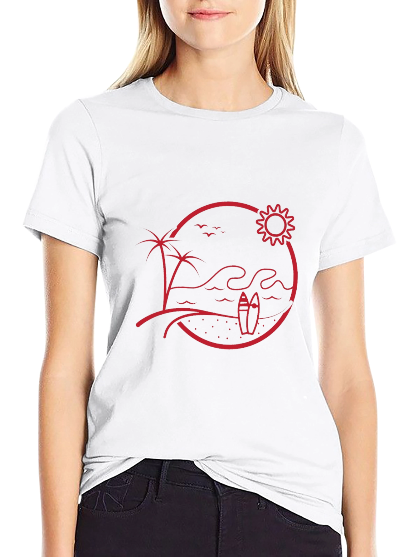 Beach Scene Graphic Tee - Red Print on Black