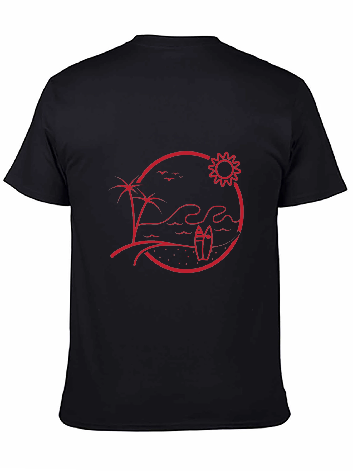 Beach Scene Graphic Tee - Red Print on Black