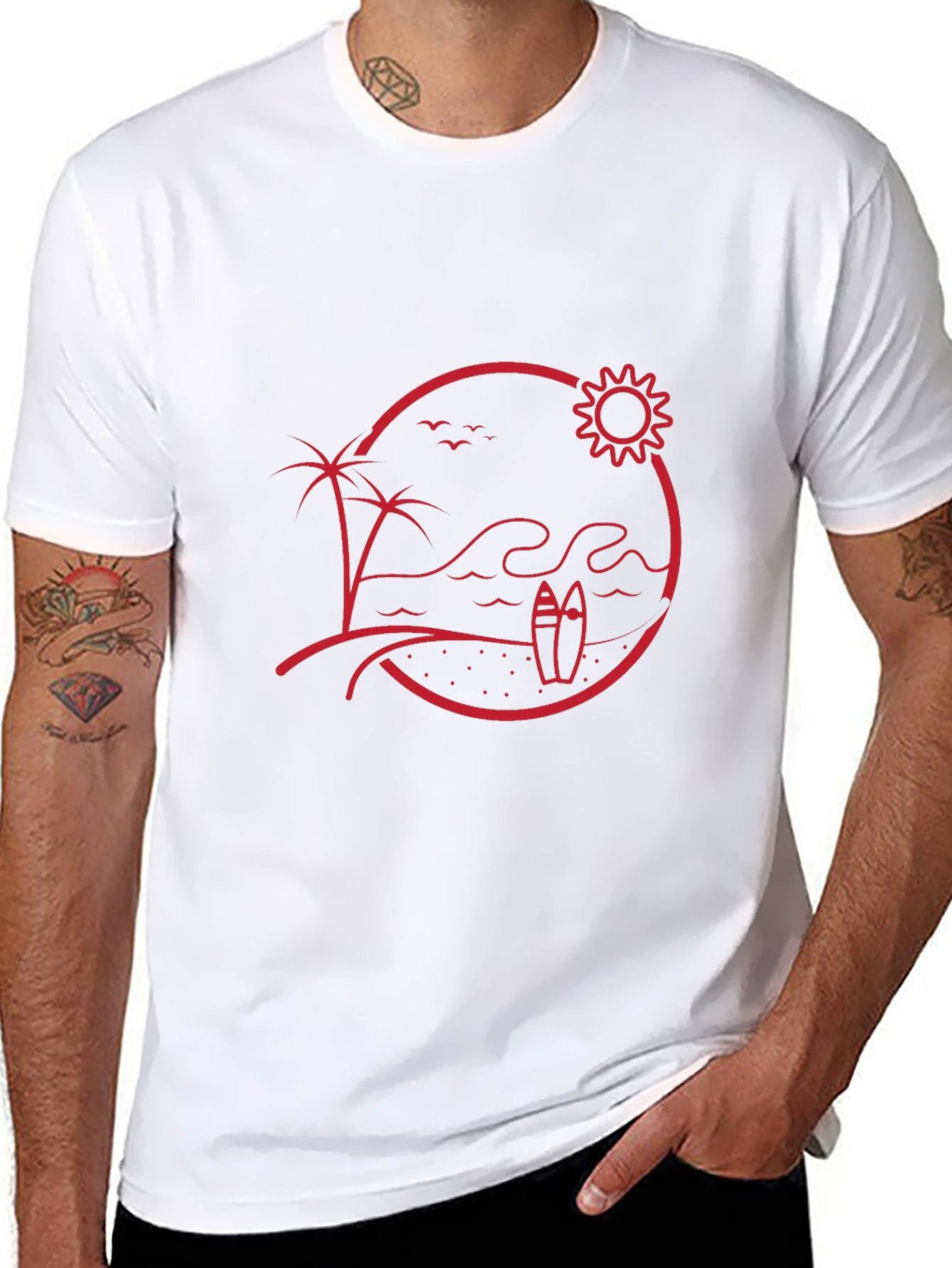 Beach Scene Graphic Tee - Red Print on Black