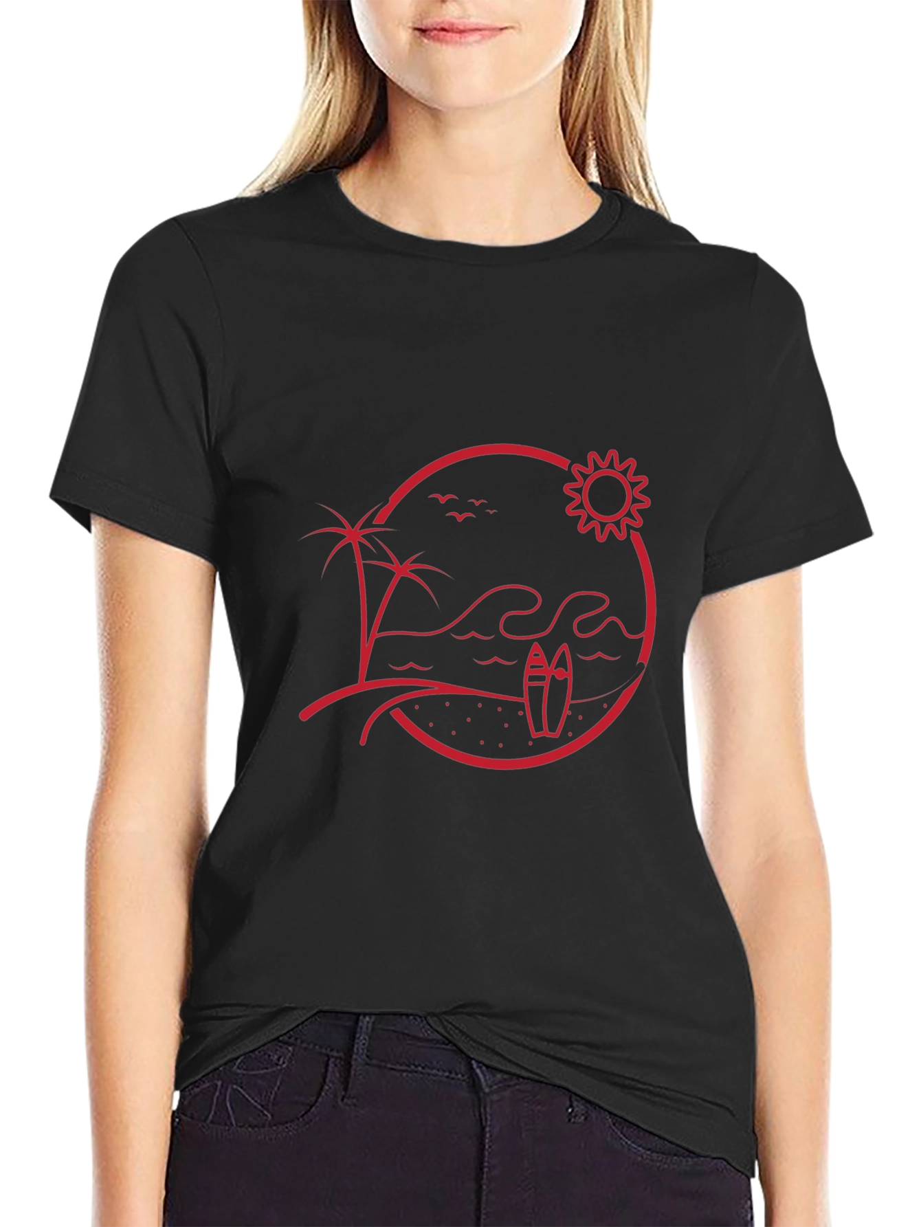 Beach Scene Graphic Tee - Red Print on Black