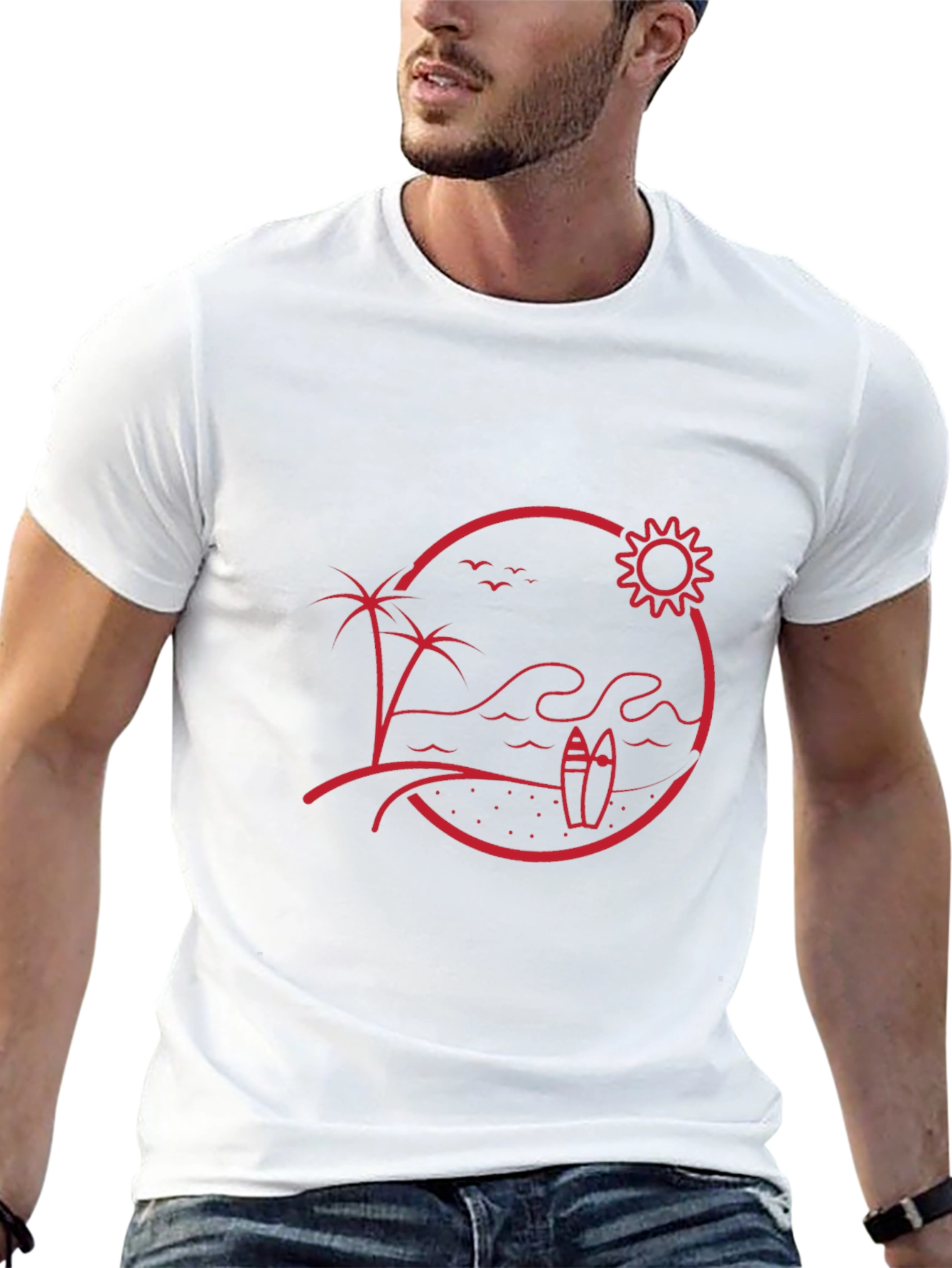 Beach Scene Graphic Tee - Red Print on Black