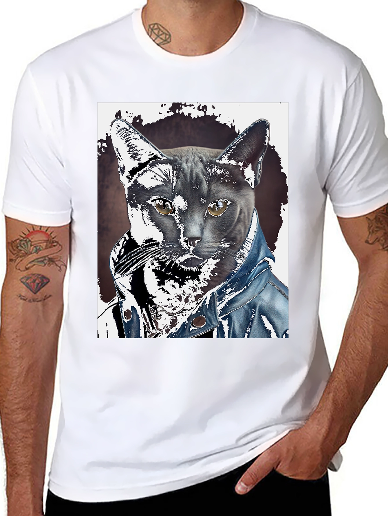 Cat in Denim Jacket Graphic Tee - Unique Print
