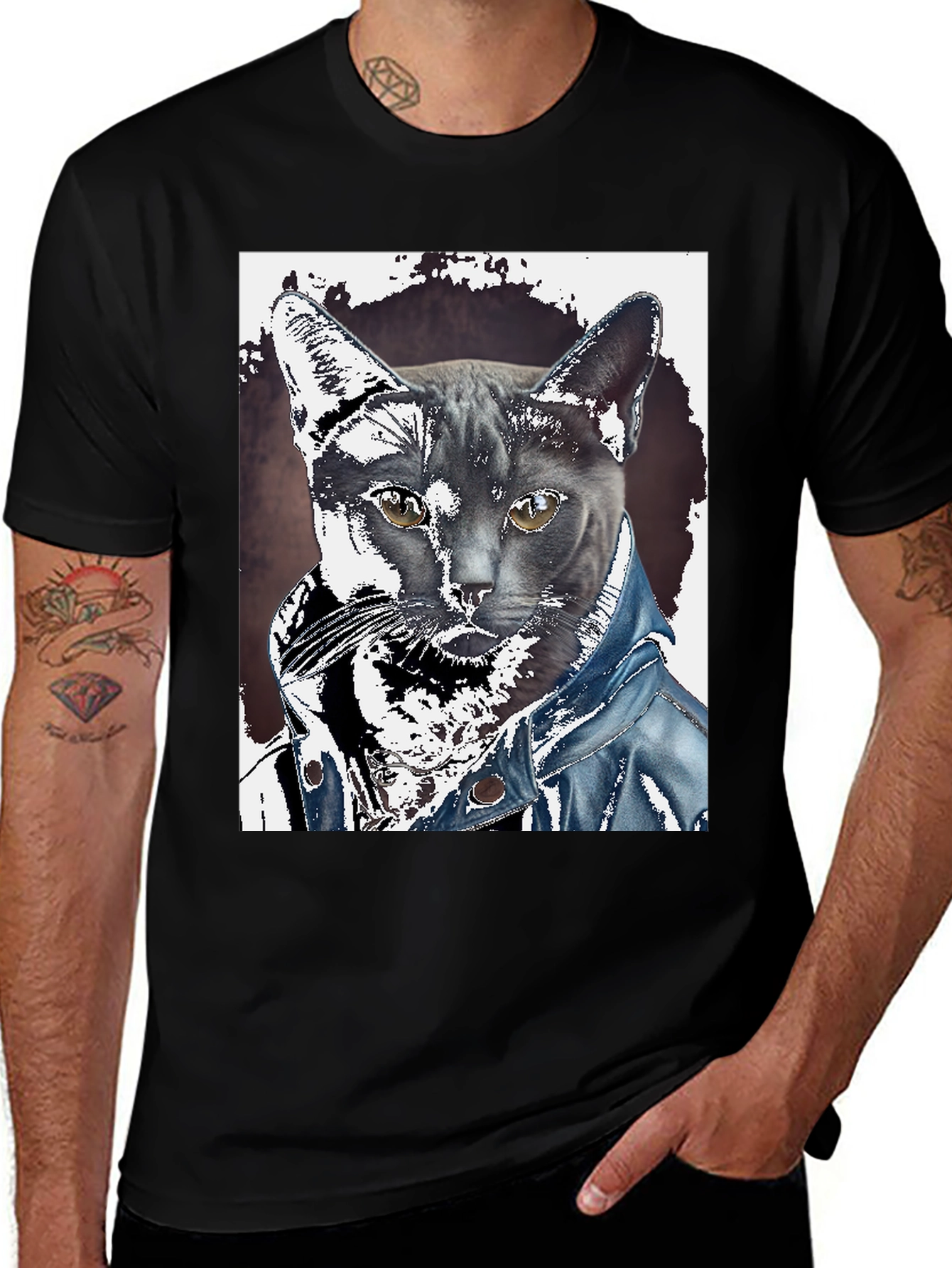 Cat in Denim Jacket Graphic Tee - Unique Print