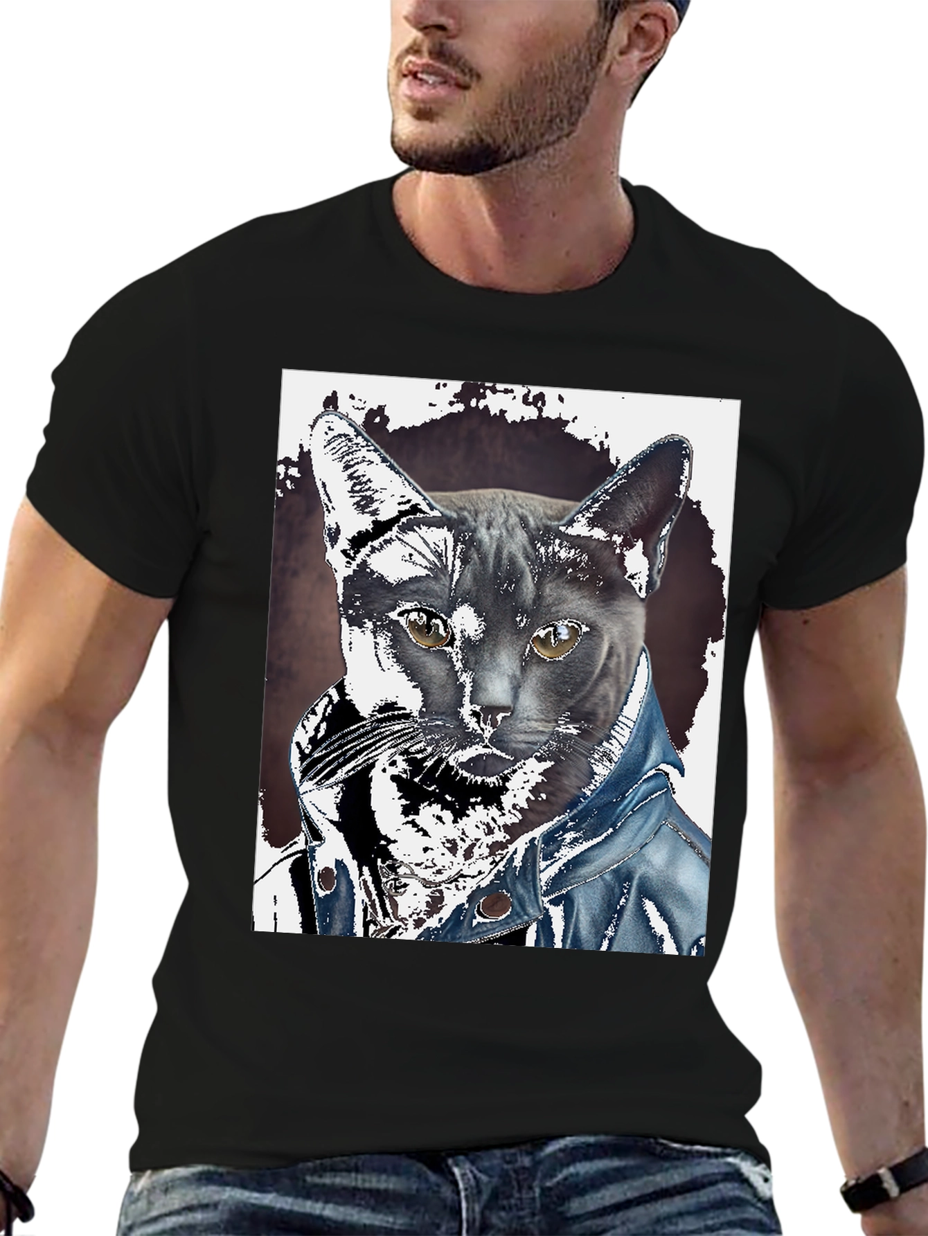 Cat in Denim Jacket Graphic Tee - Unique Print
