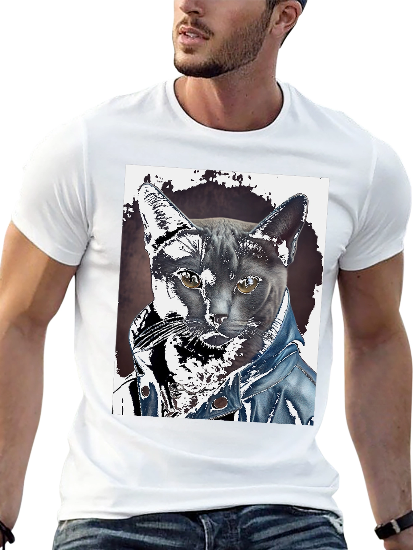 Cat in Denim Jacket Graphic Tee - Unique Print