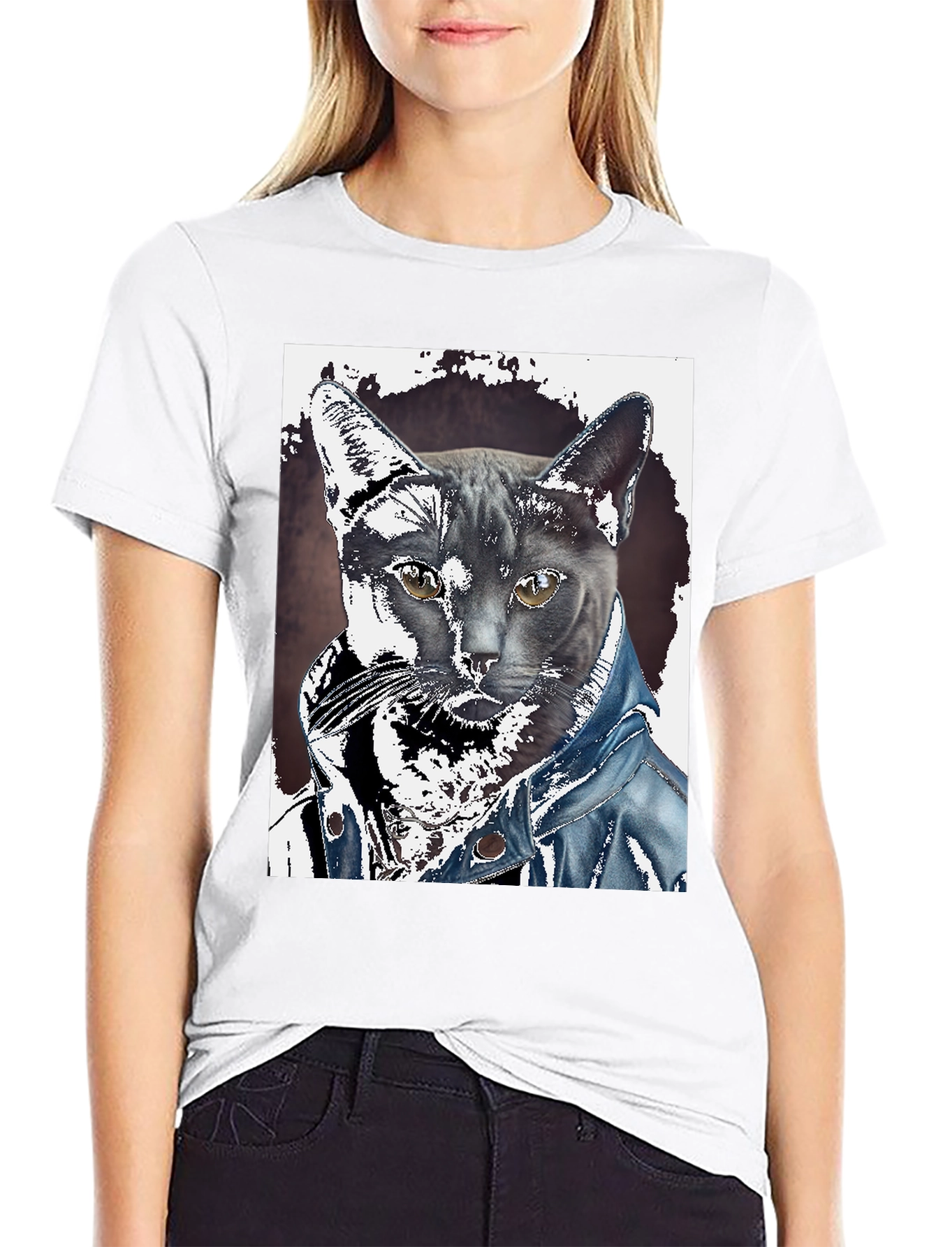 Cat in Denim Jacket Graphic Tee - Unique Print