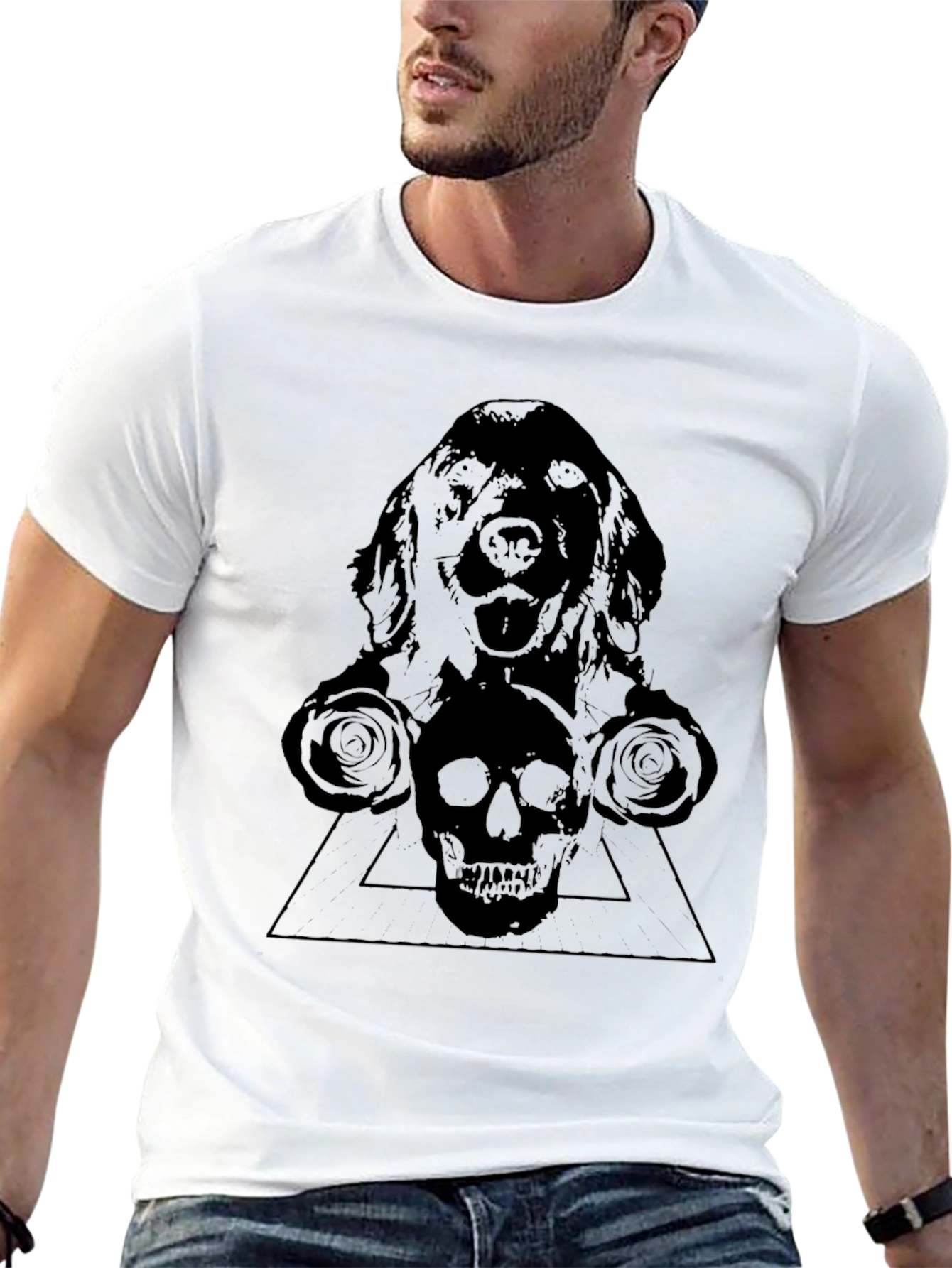 Mens Black Dog and Skull Graphic T-Shirt