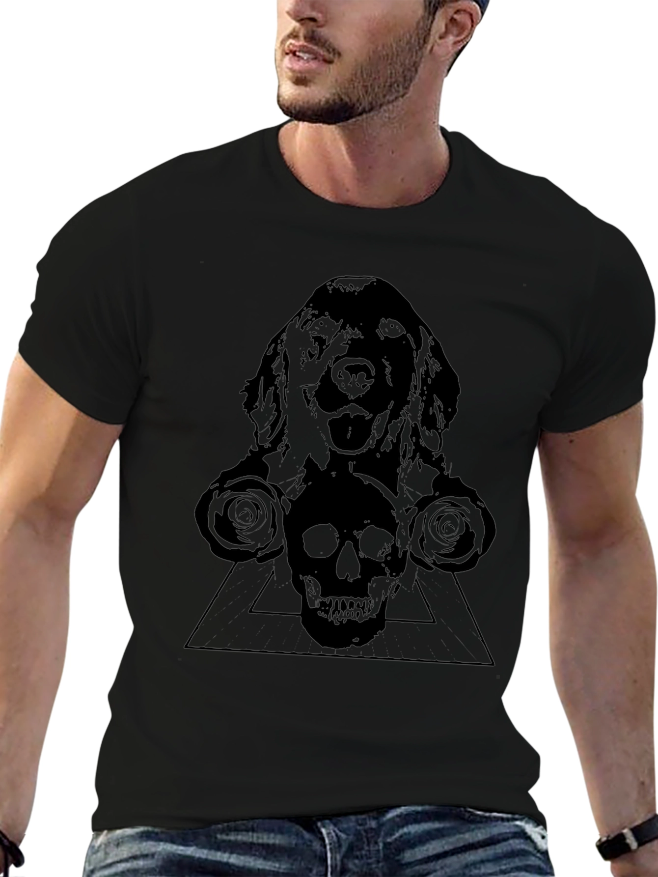 Mens Black Dog and Skull Graphic T-Shirt
