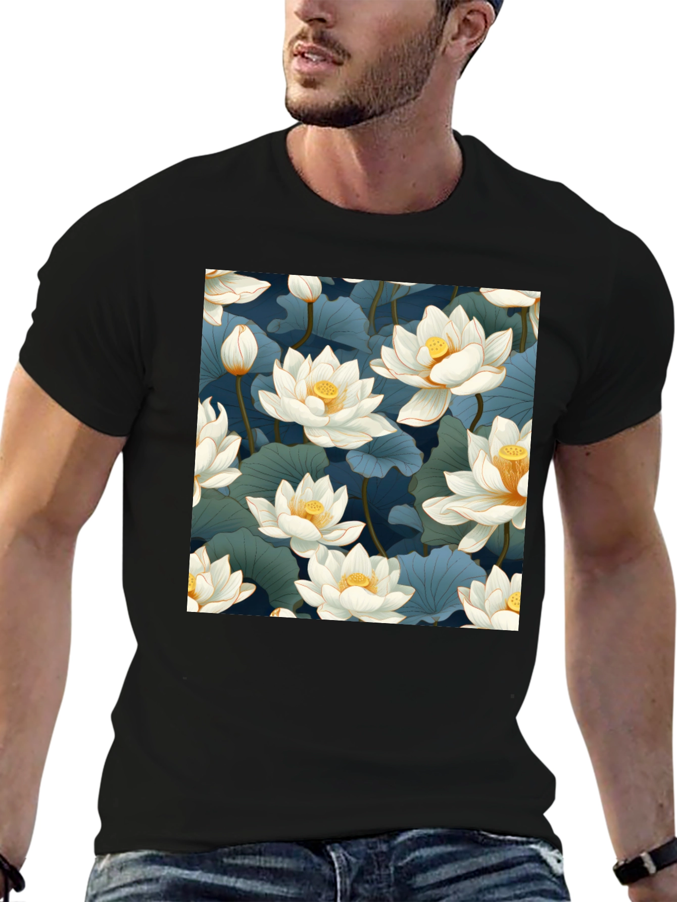 Lotus Print Black T-Shirt