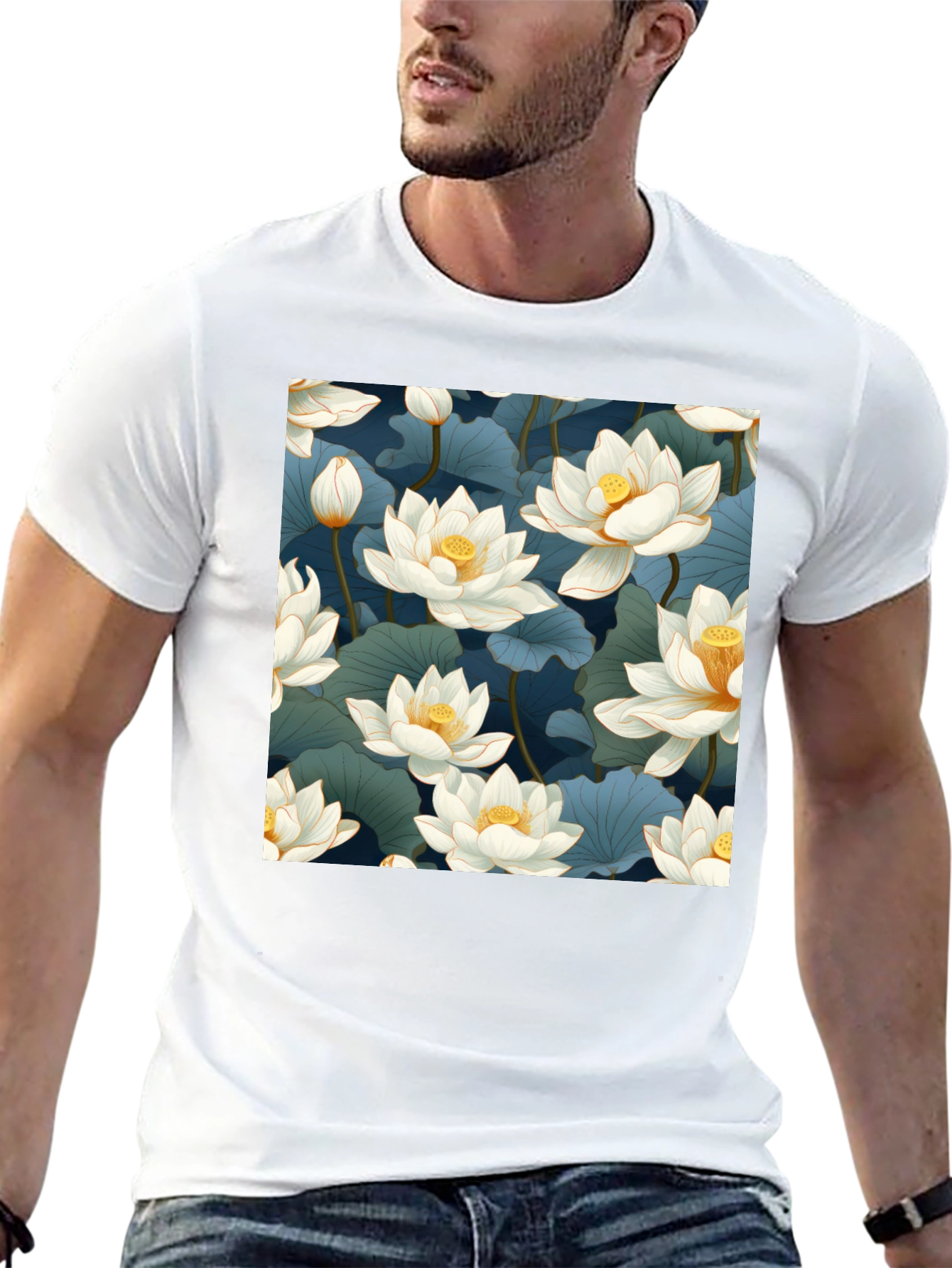 Lotus Print Black T-Shirt