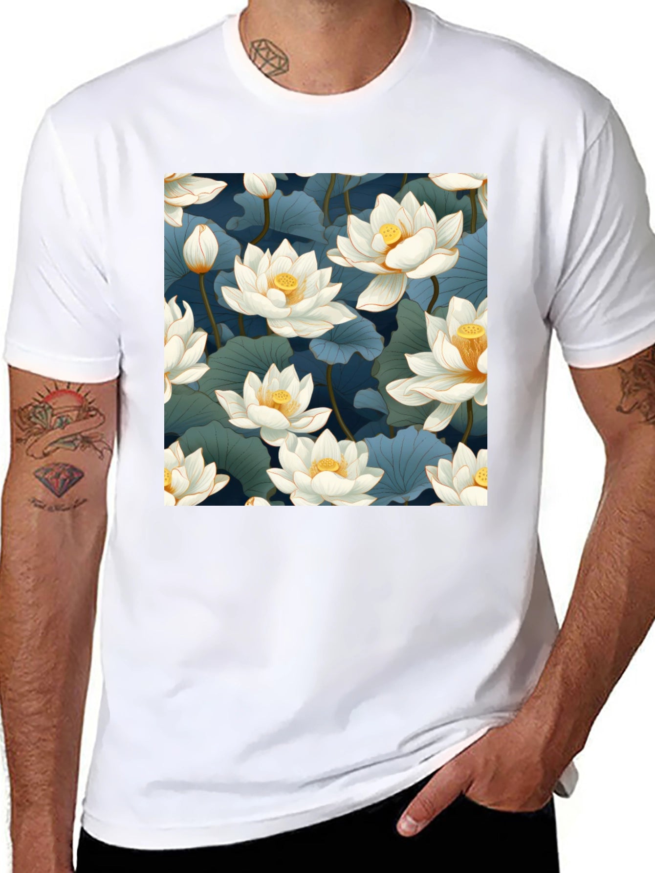Lotus Print Black T-Shirt