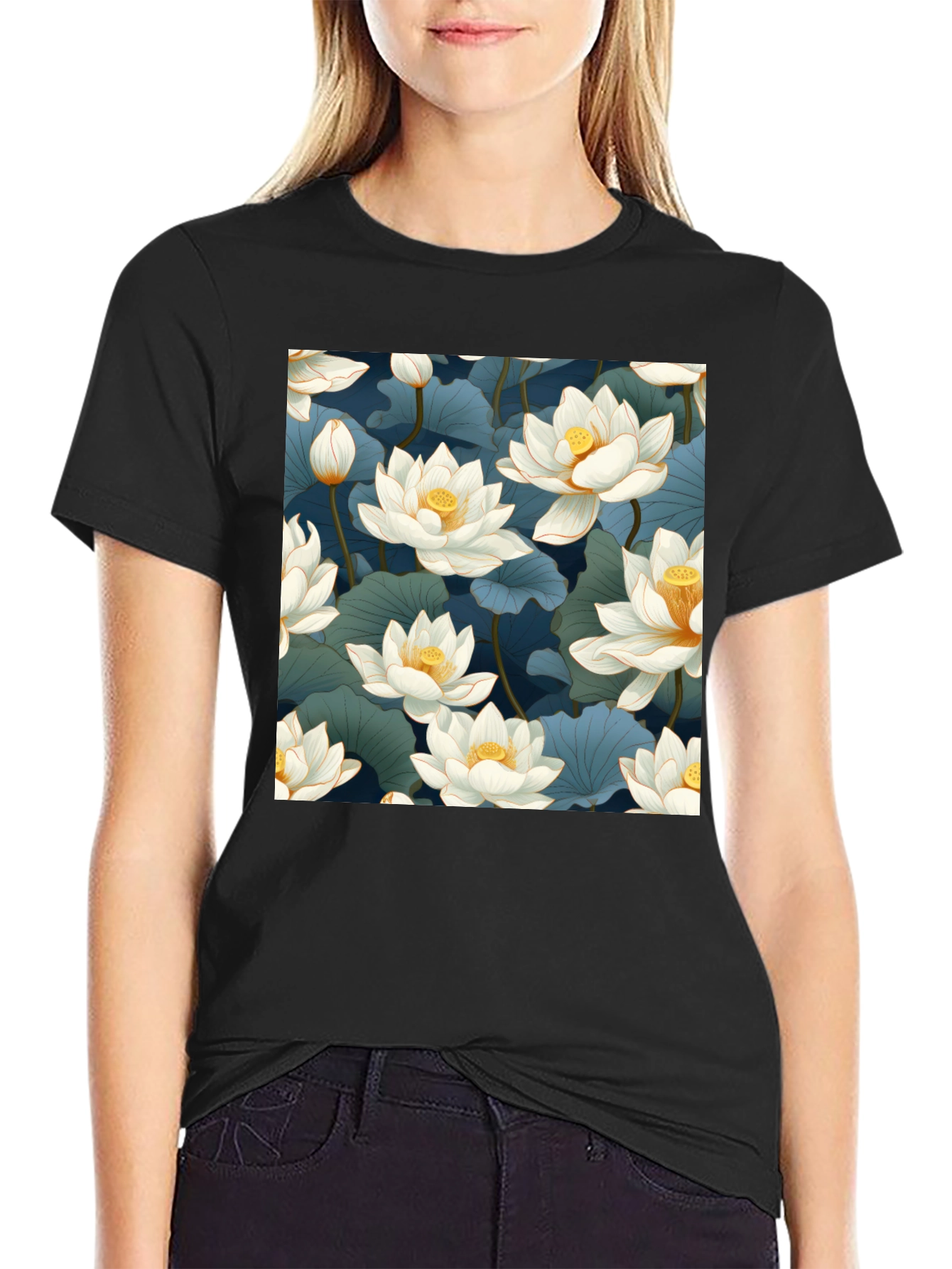 Lotus Print Black T-Shirt