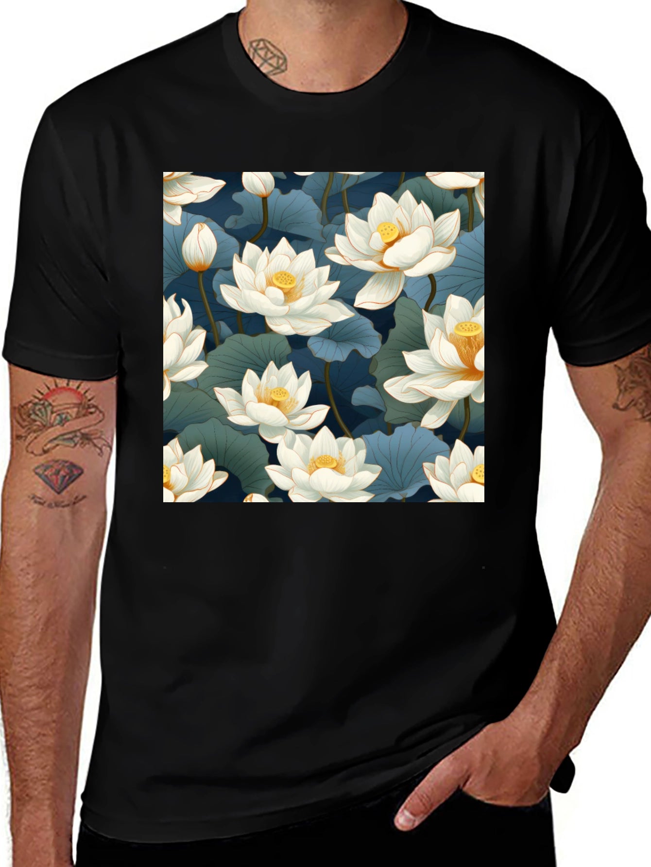 Lotus Print Black T-Shirt