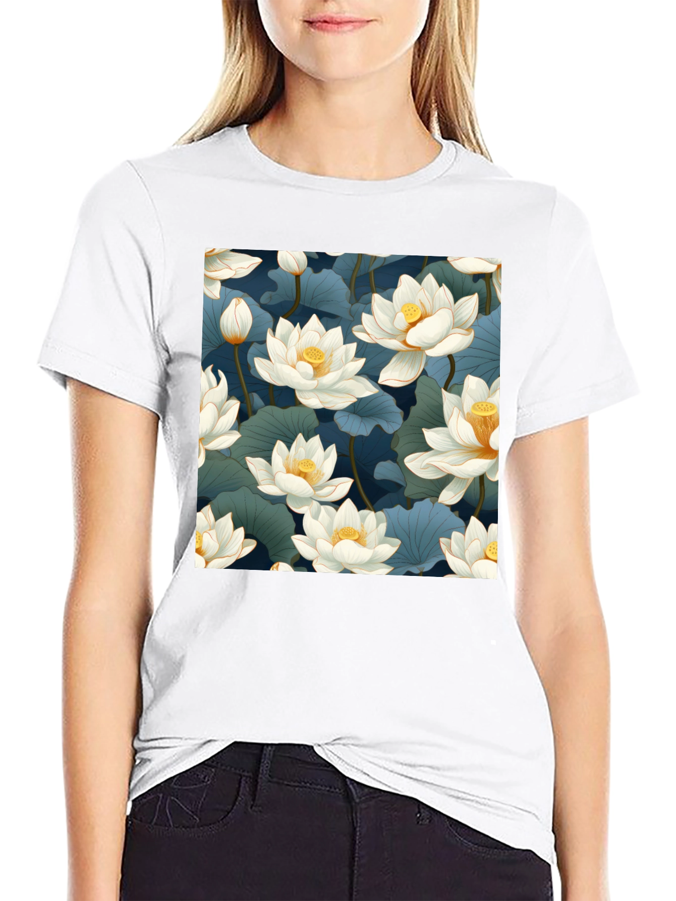 Lotus Print Black T-Shirt