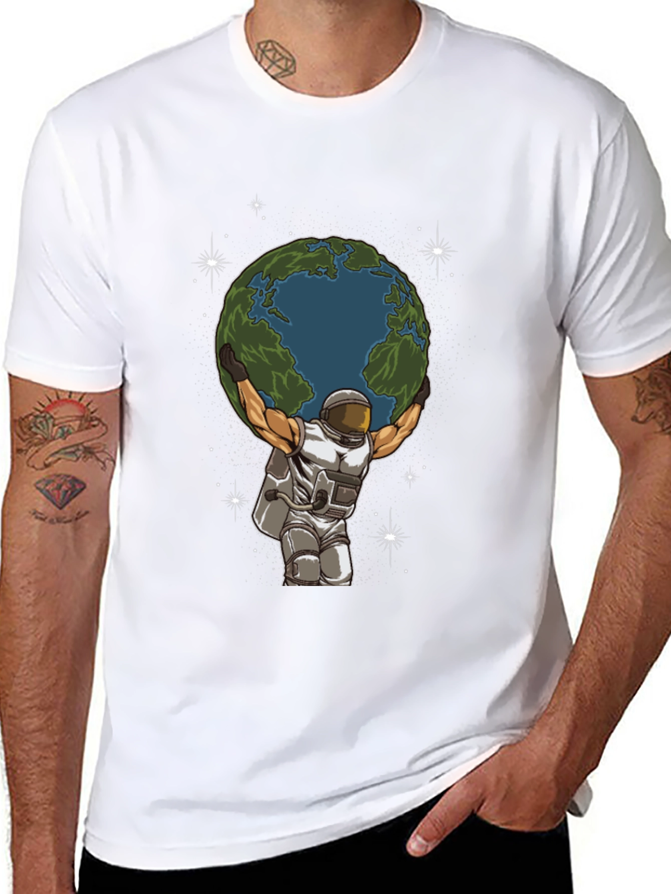 Astronaut Earth Lift Graphic Tee - Black Cotton T-Shirt