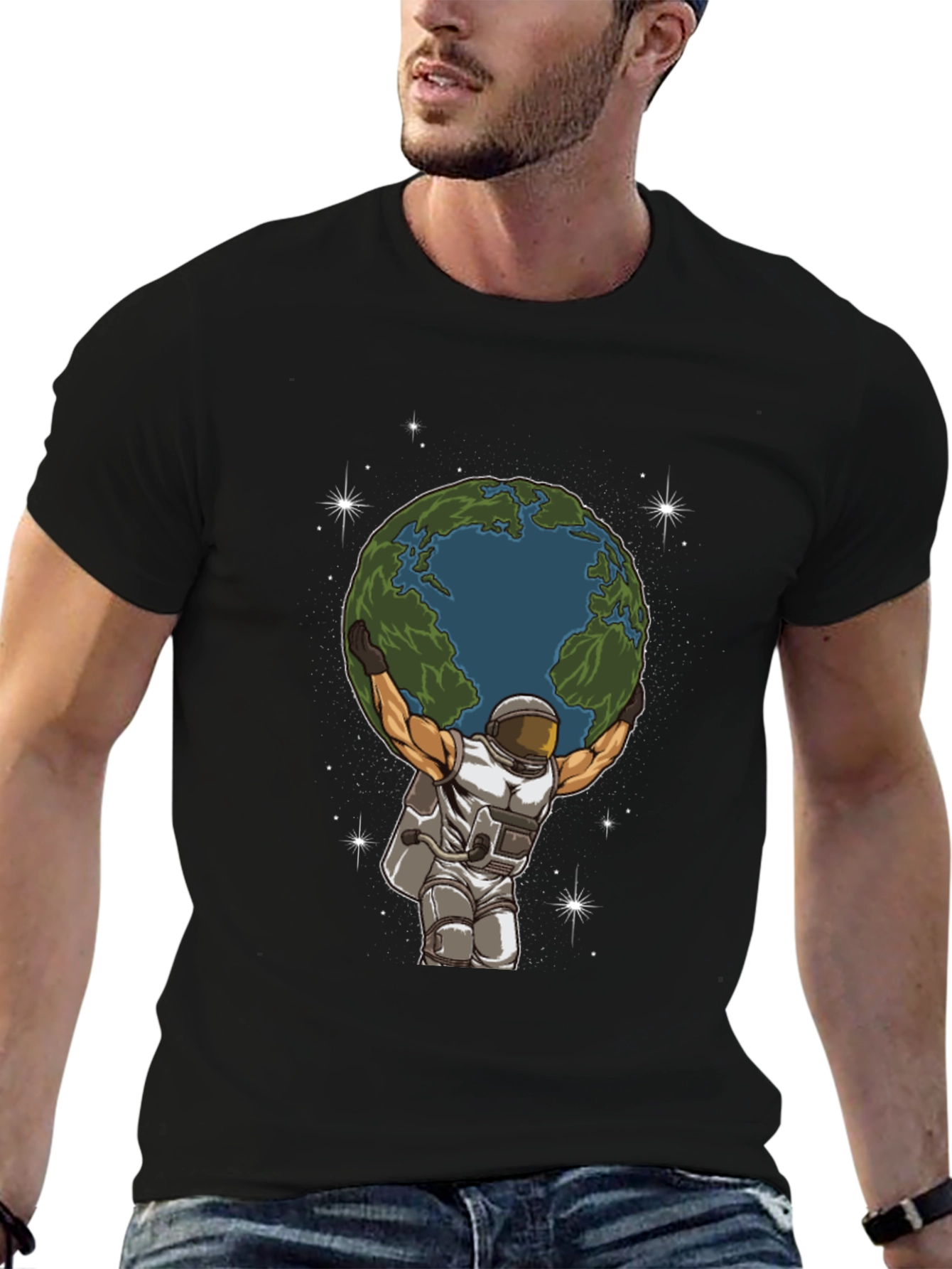 Astronaut Earth Lift Graphic Tee - Black Cotton T-Shirt