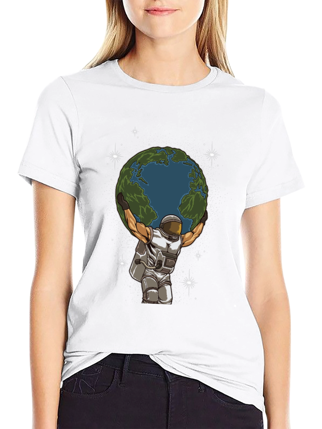 Astronaut Earth Lift Graphic Tee - Black Cotton T-Shirt