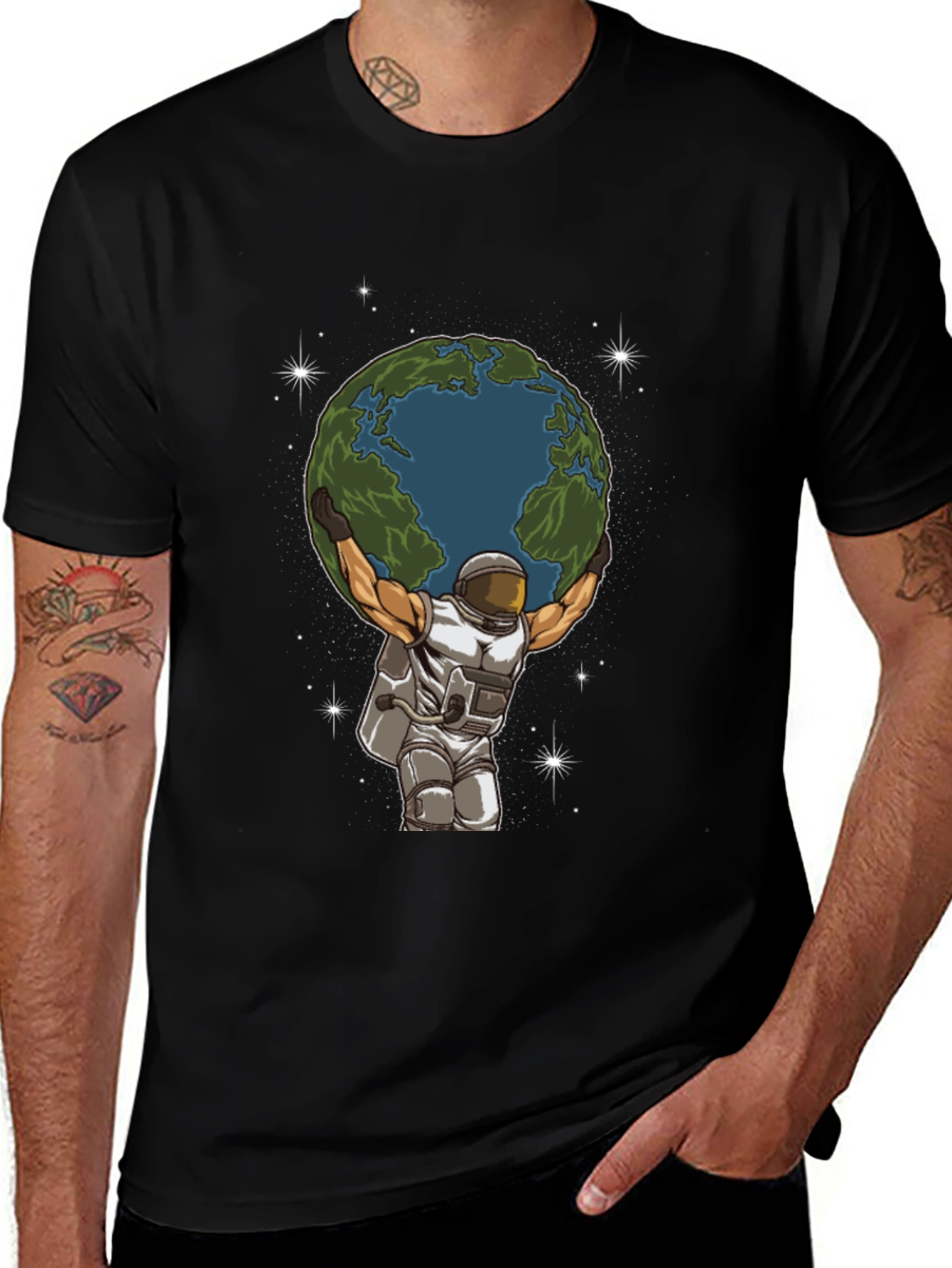 Astronaut Earth Lift Graphic Tee - Black Cotton T-Shirt