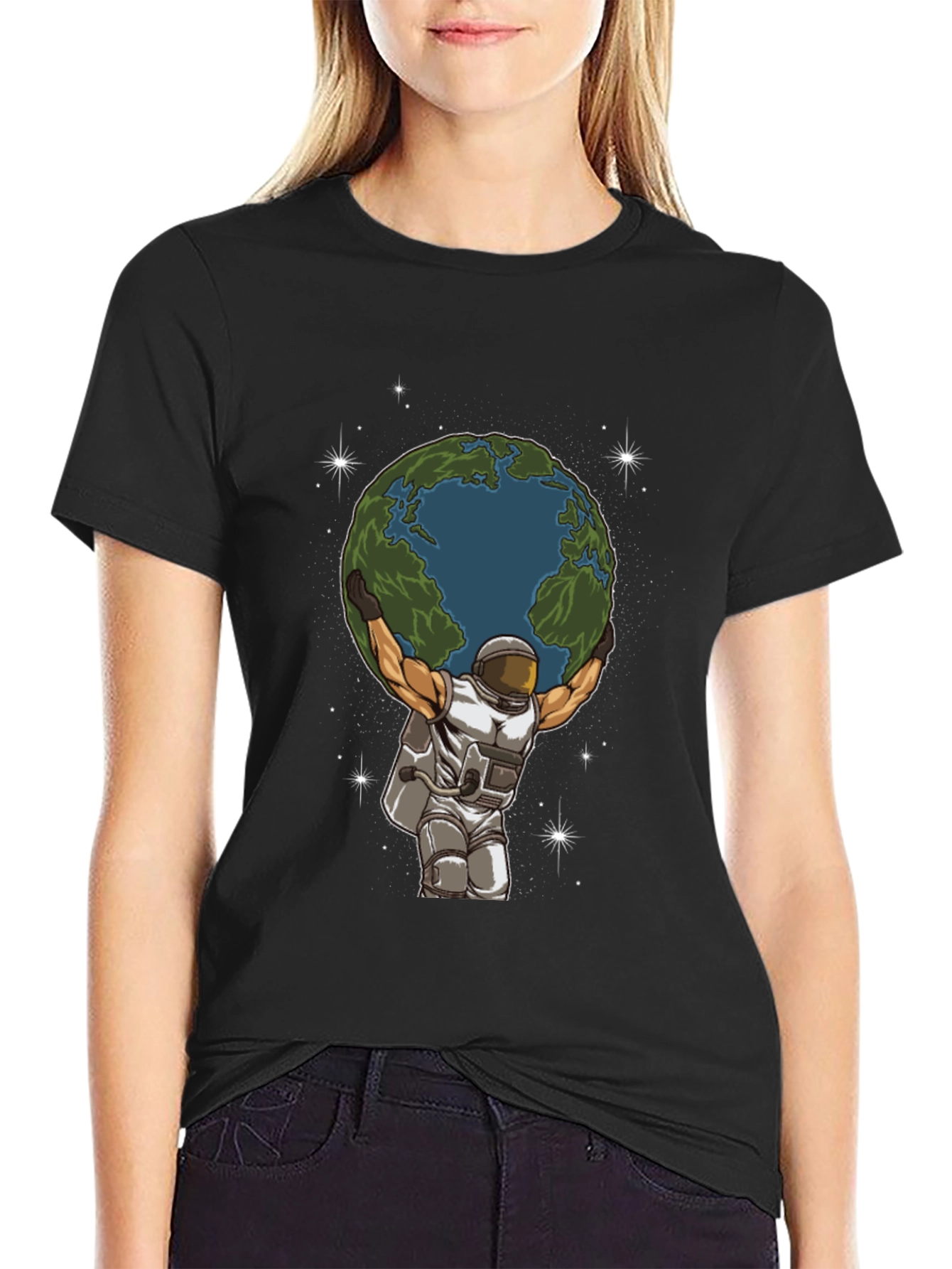 Astronaut Earth Lift Graphic Tee - Black Cotton T-Shirt